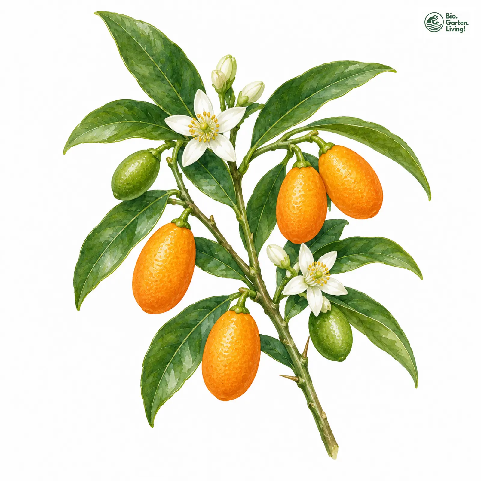 Aquarellzeichnung: Ovale Kumquat (Citrus japonica)