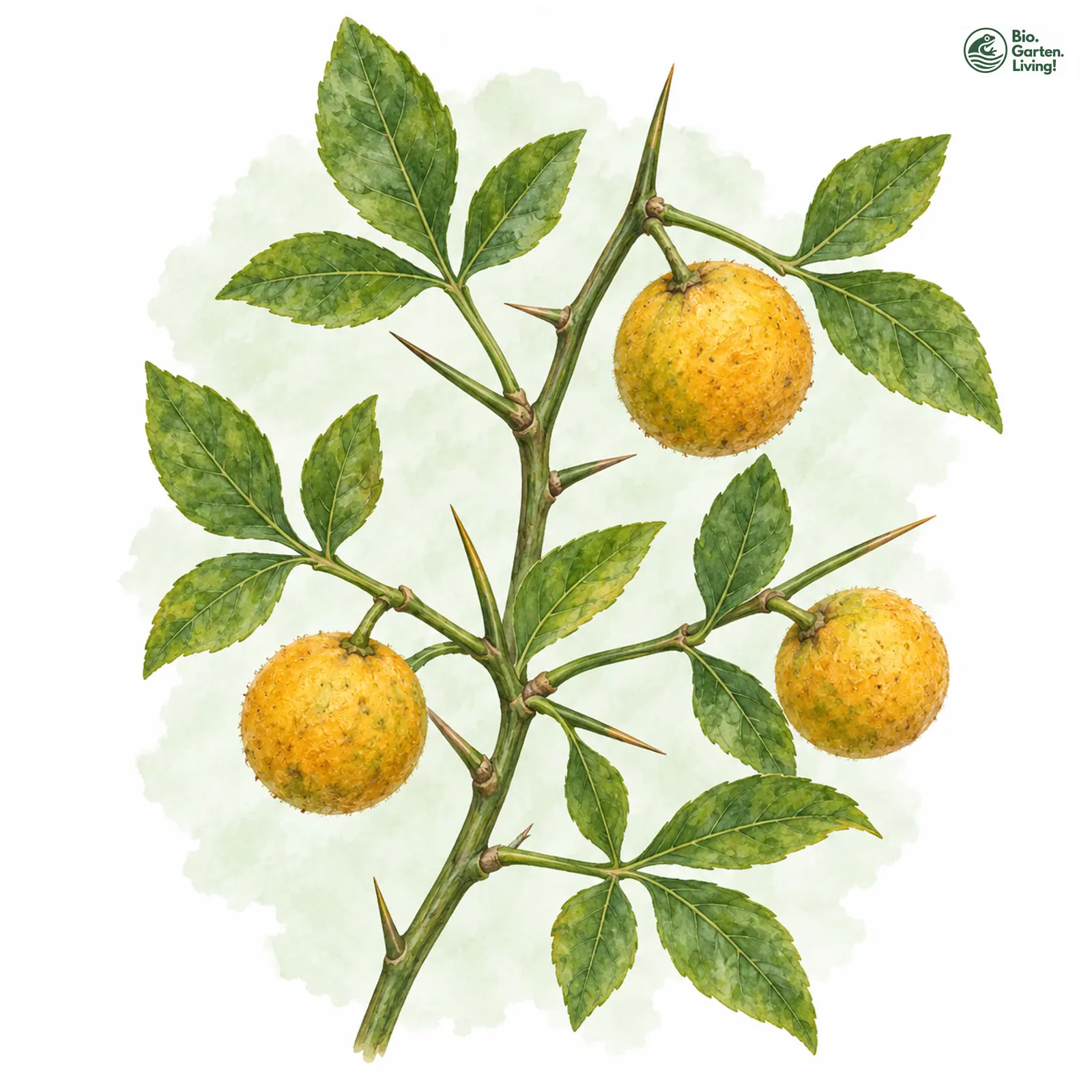 Aquarellzeichnung: Bitterorange (Citrus trifoliata)