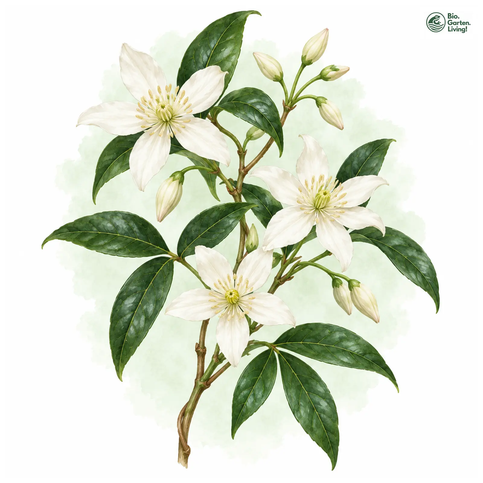 Aquarellzeichnung: Armands Waldrebe (Clematis armandii)