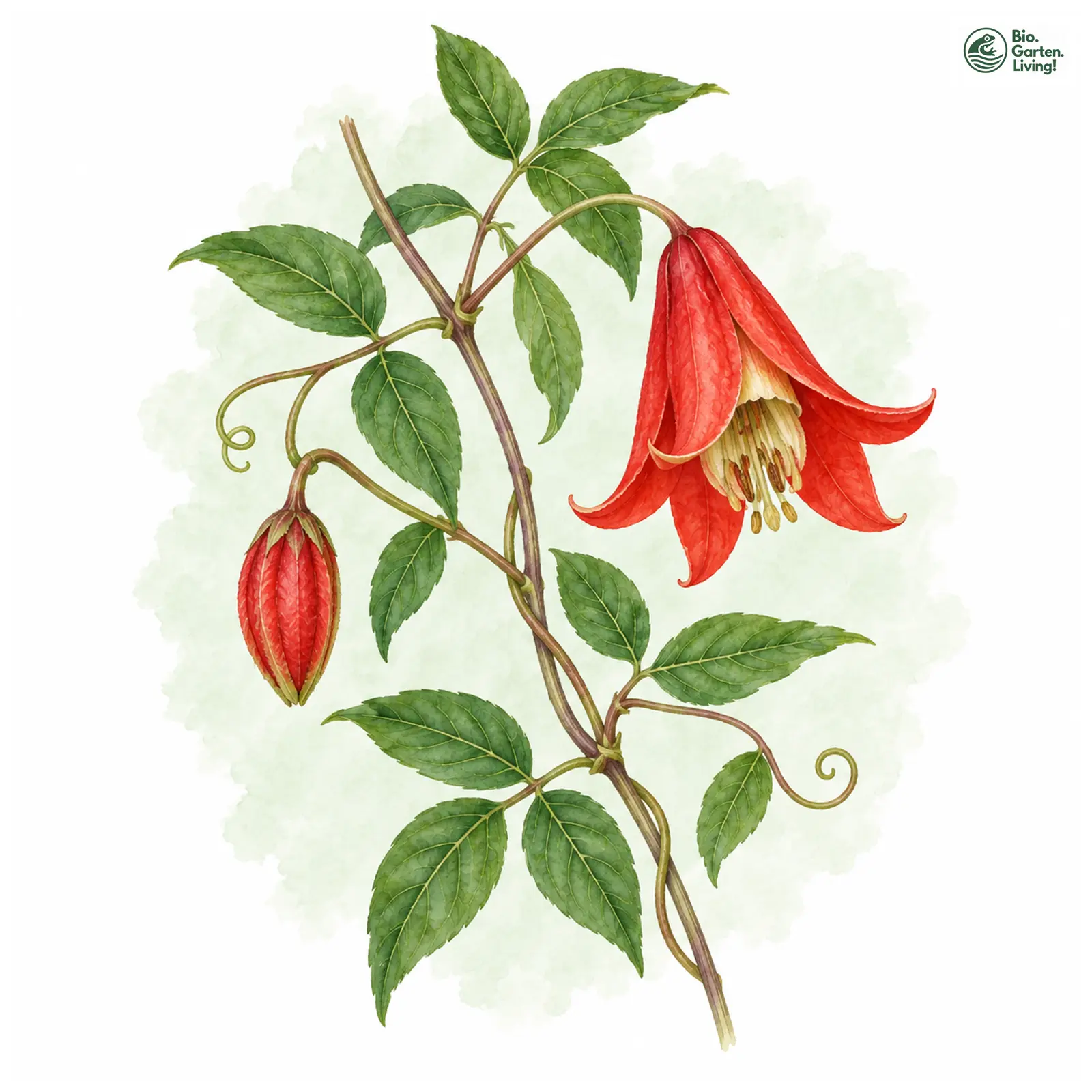 Aquarellzeichnung: Texas-Waldrebe (Clematis texensis)