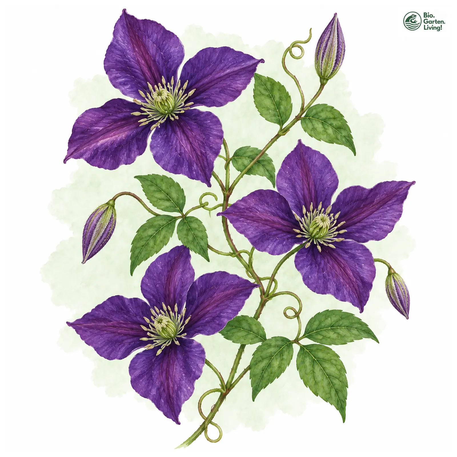 Aquarellzeichnung: Clematis Jackmanii (Clematis × jackmanii)