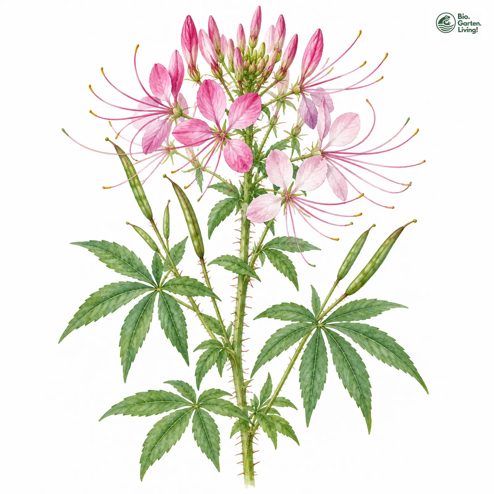 Aquarellzeichnung: Spinnenblume (Cleome spinosa)