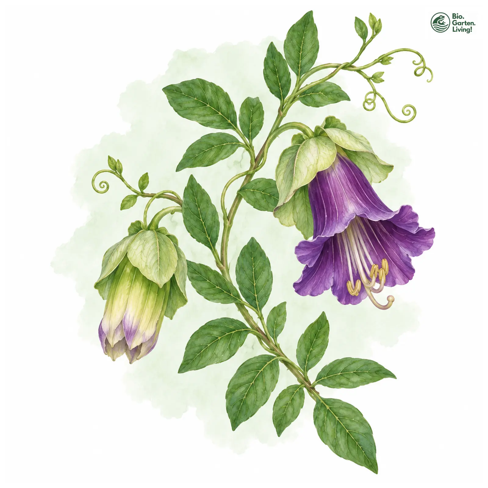 Aquarellzeichnung: Glockenrebe (Cobaea scandens)