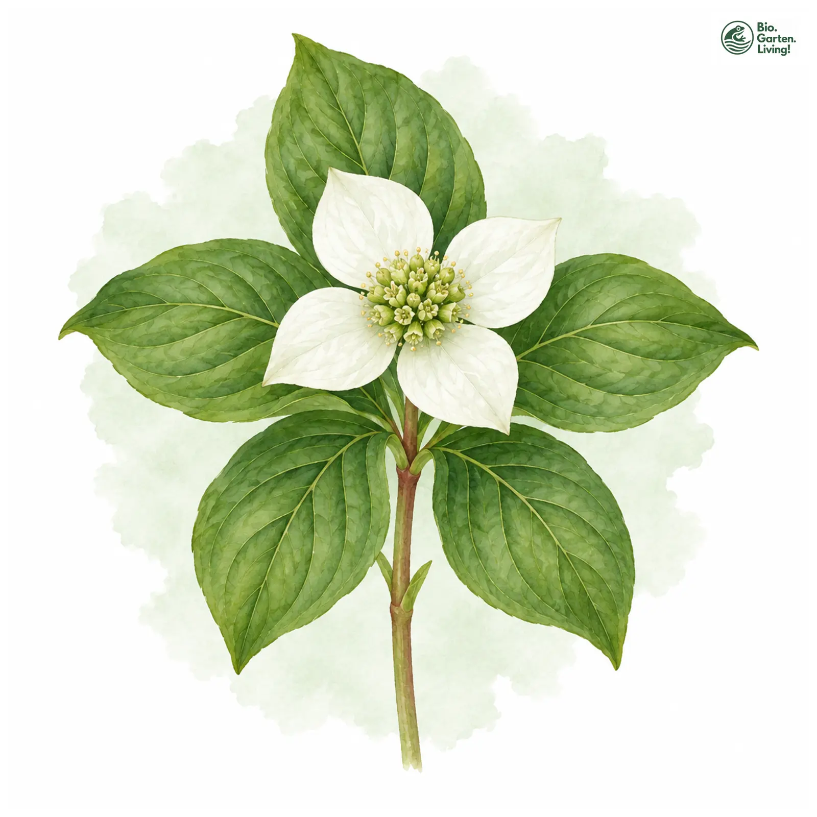 Aquarellzeichnung: Teppich-Hartriegel (Cornus canadensis)