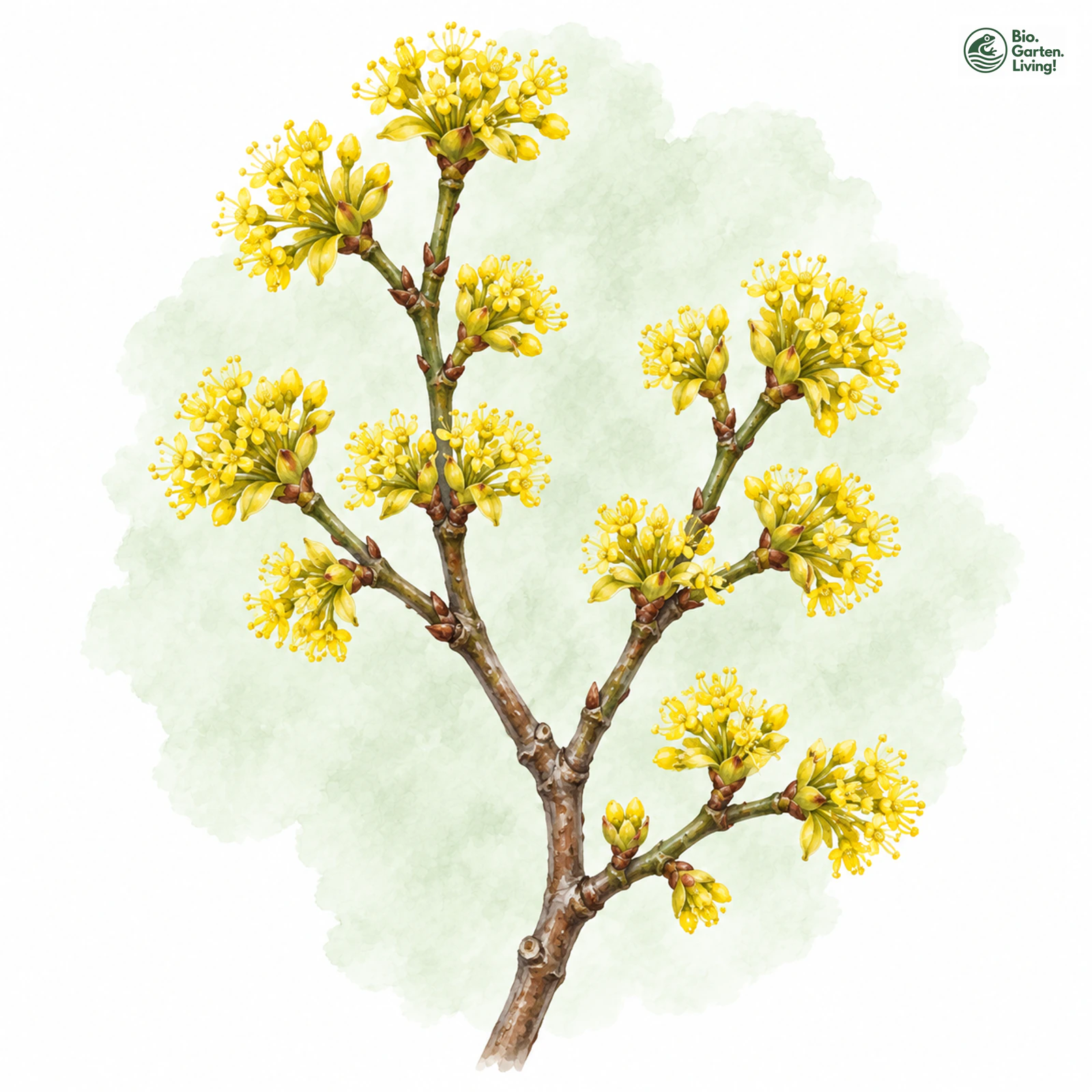 Aquarellzeichnung: Kornelkirsche (Cornus mas)