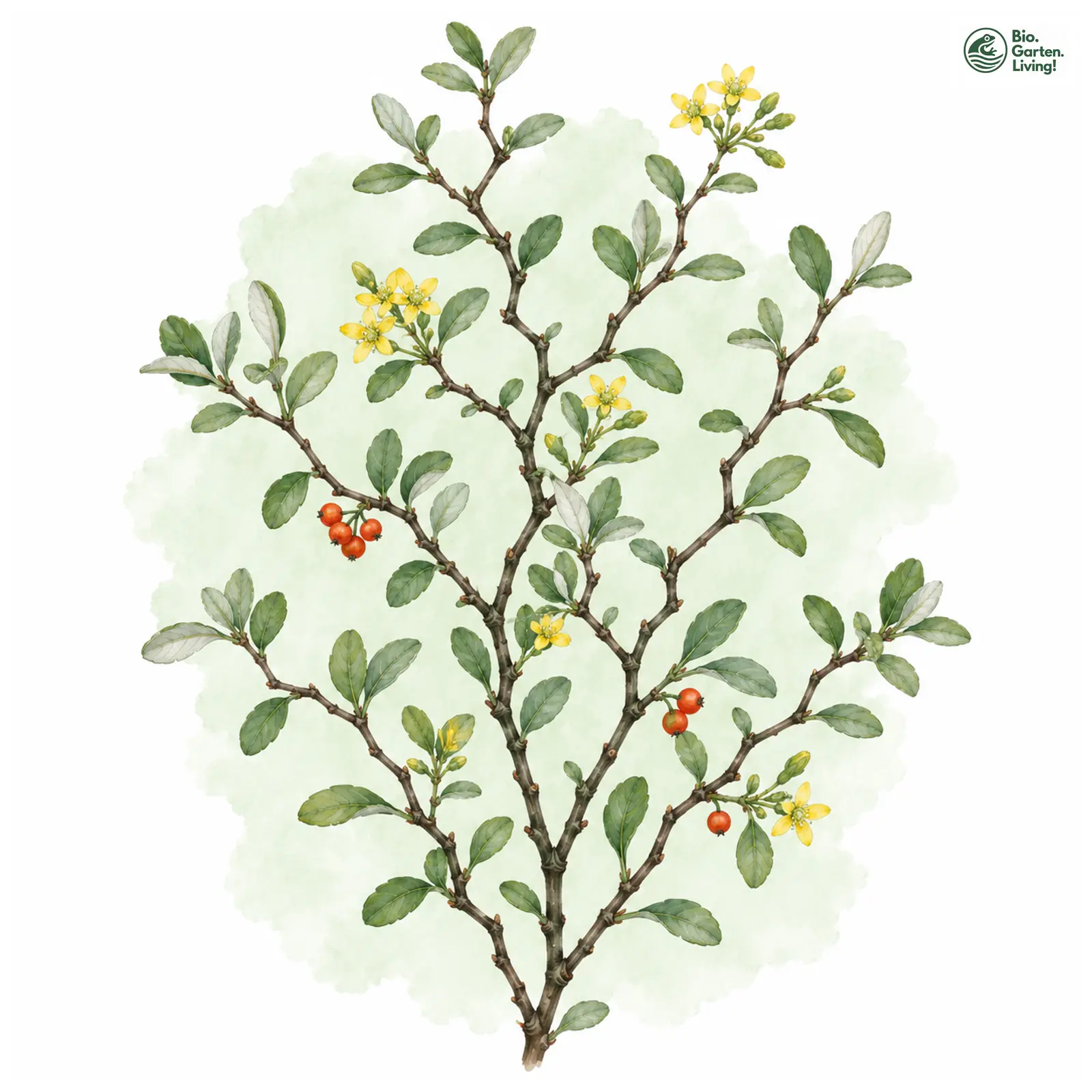 Aquarellzeichnung: Zickzackstrauch (Corokia cotoneaster)