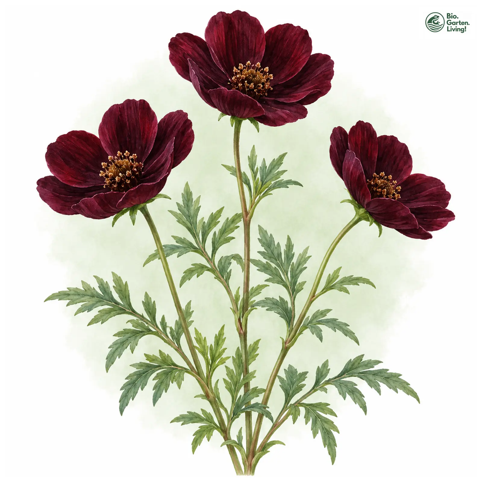 Aquarellzeichnung: Schokoladen-Kosmee (Cosmos atrosanguineus)