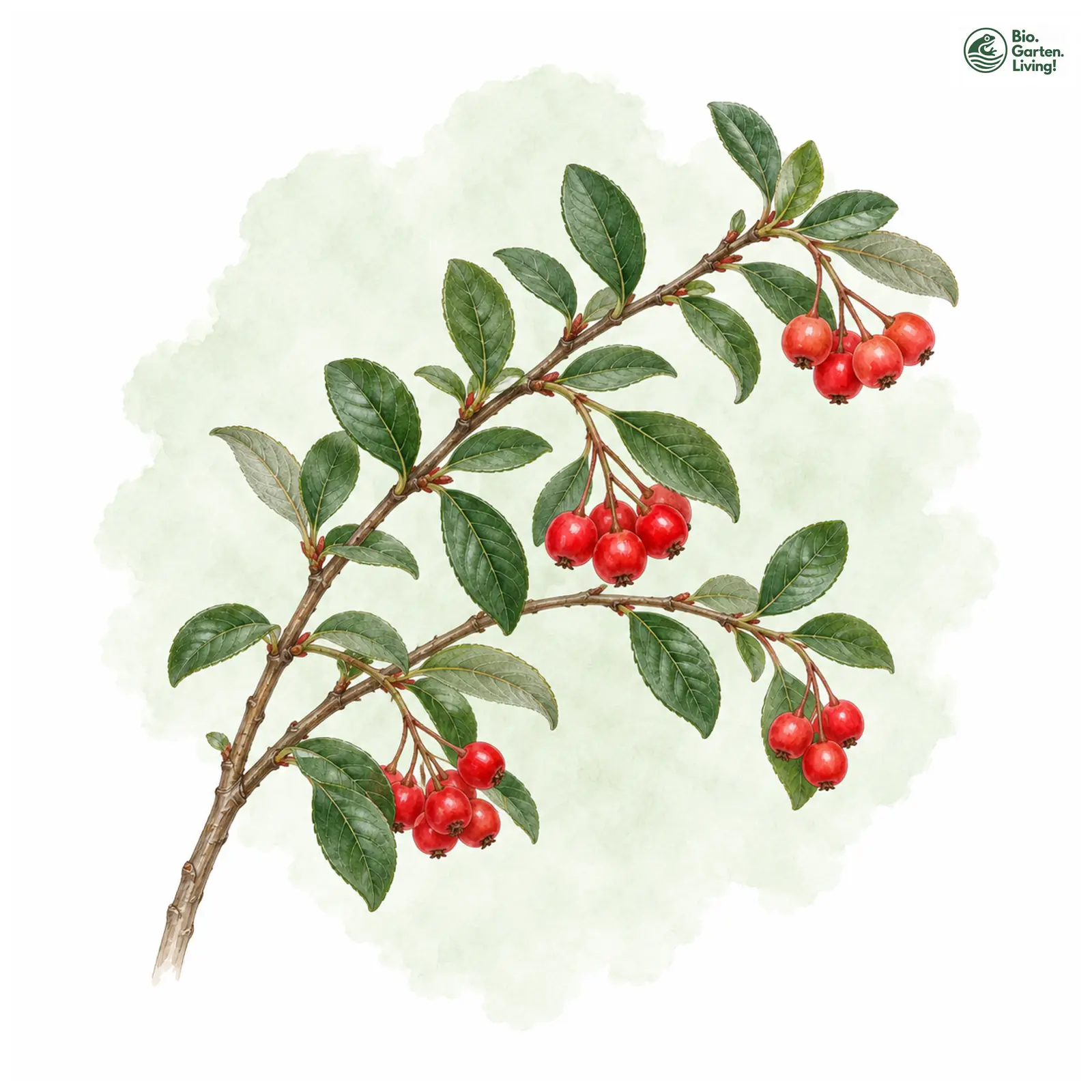 Aquarellzeichnung: Graue Strauchmispel (Cotoneaster dielsianus)