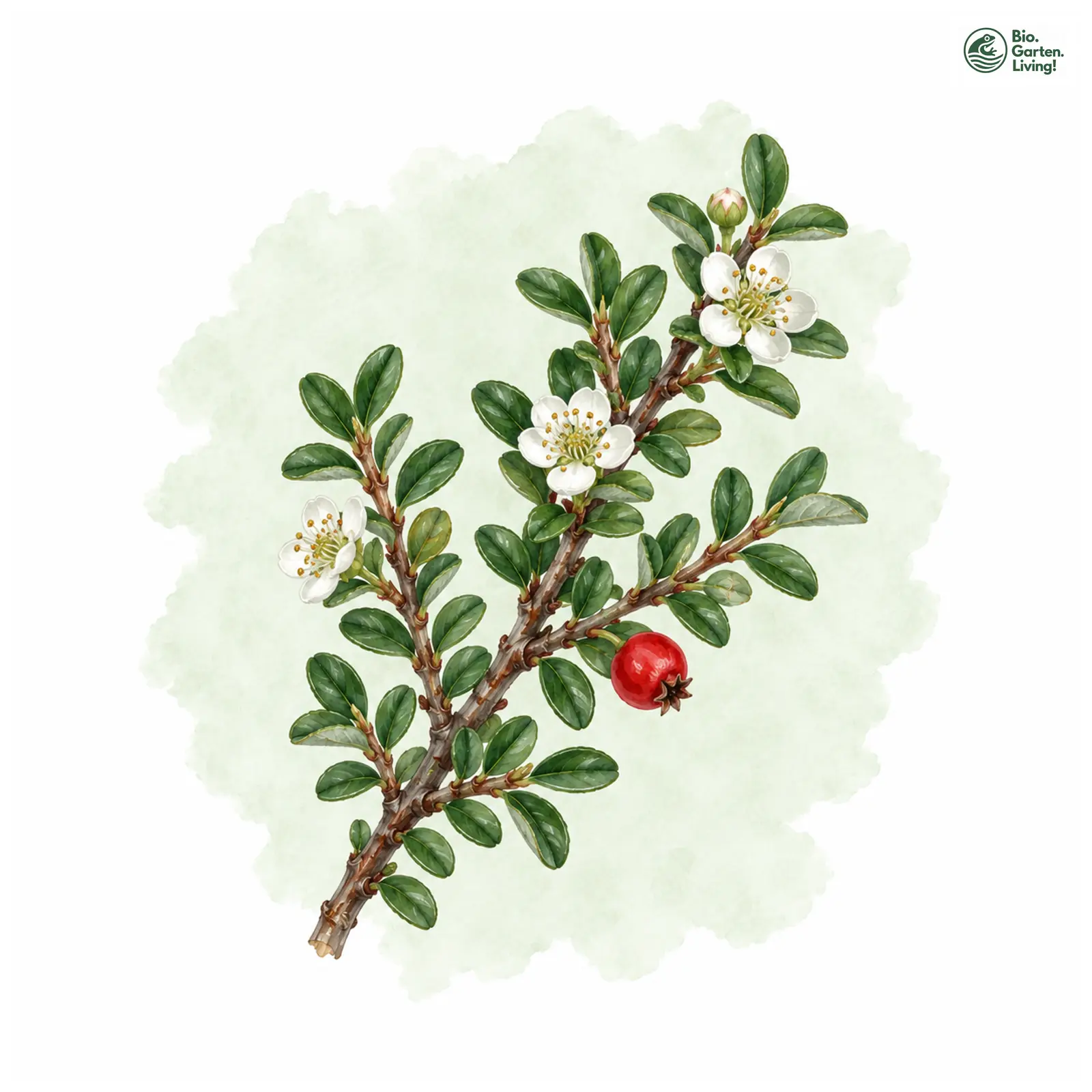 Aquarellzeichnung: Kleinblättrige Zwergmispel (Cotoneaster microphyllus)