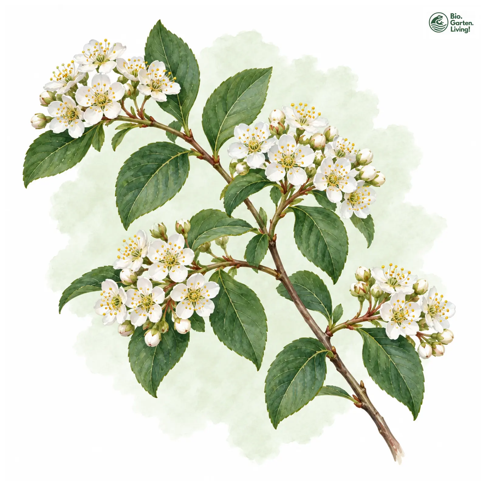 Aquarellzeichnung: Vielblütige Zwergmispel (Cotoneaster multiflorus)