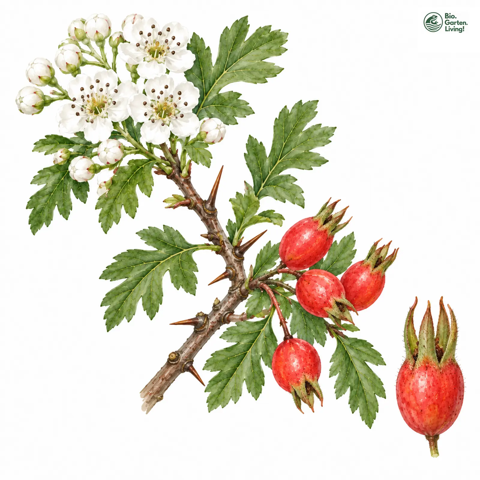 Aquarellzeichnung: Geradkelchiger Weißdorn (Crataegus calycina)