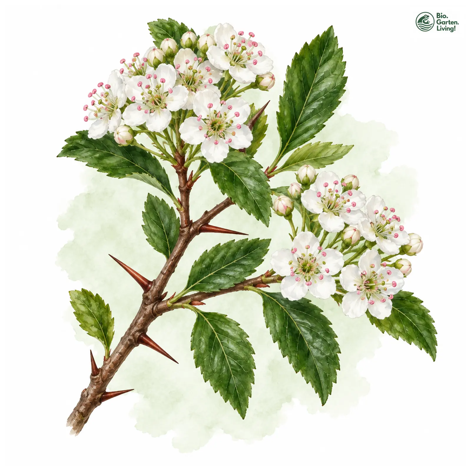 Aquarellzeichnung: Hahnendorn (Crataegus crus-galli)