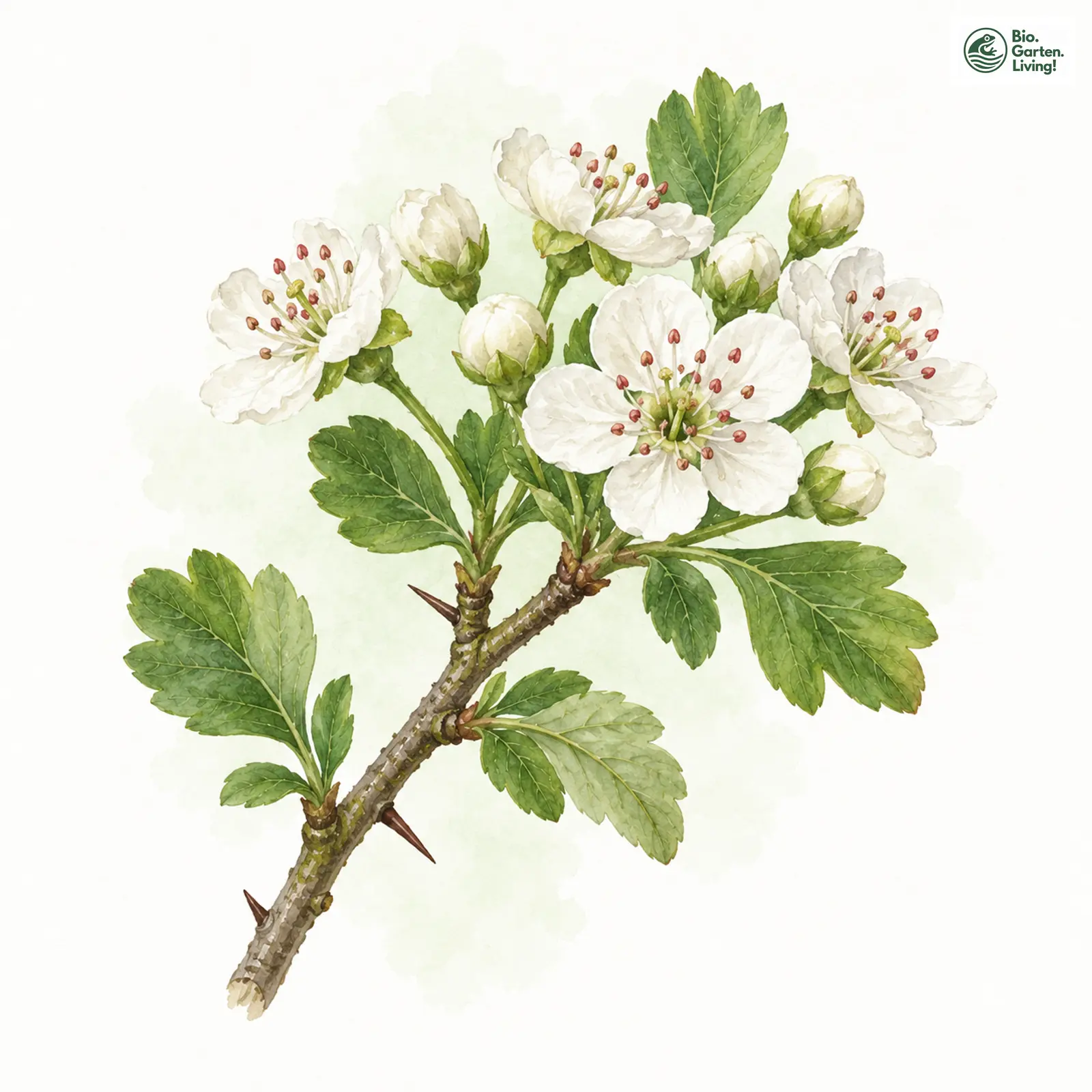 Aquarellzeichnung: Zweigriffliger Weißdorn (Crataegus laevigata (im weiteren Sinne))