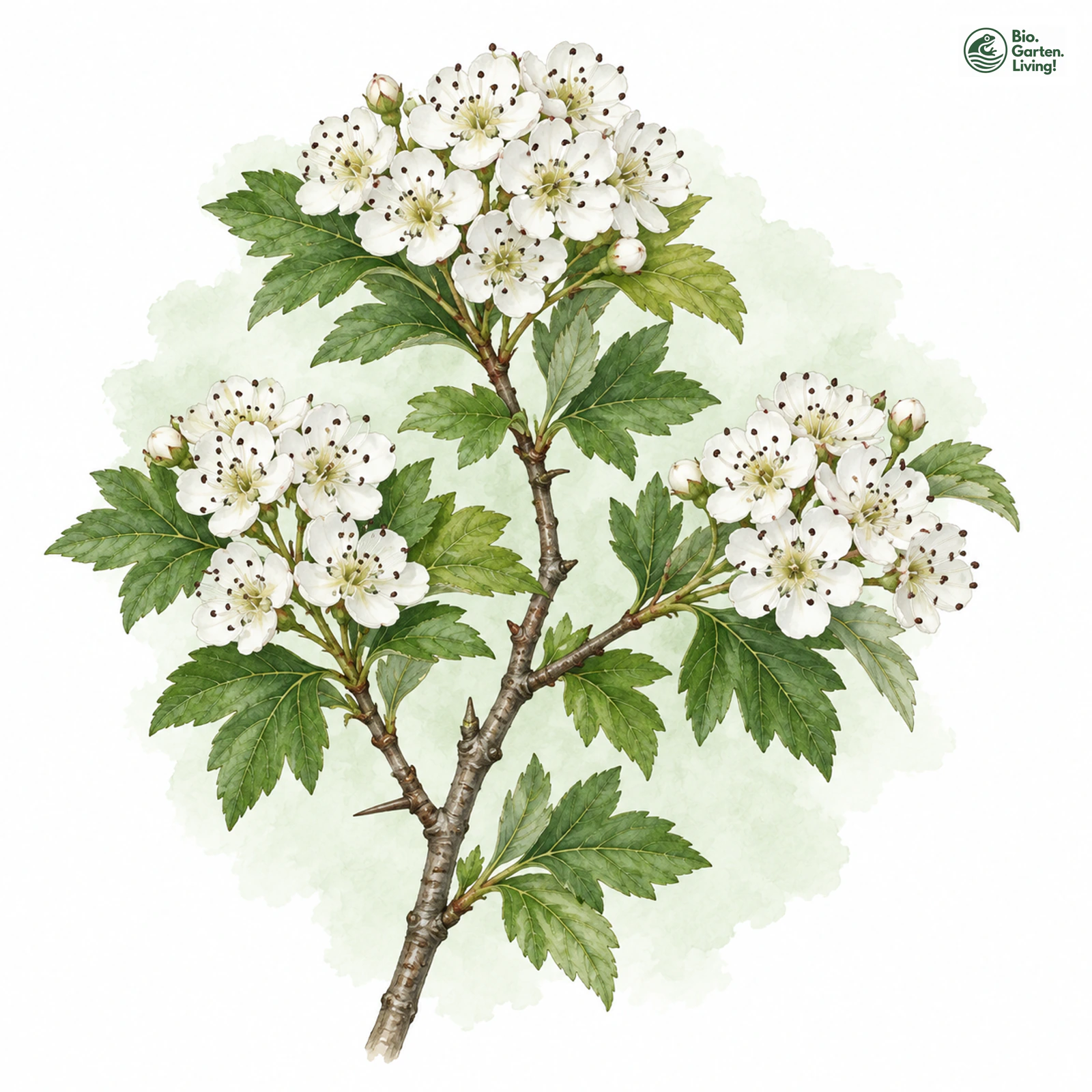Aquarellzeichnung: Langkelchiger Großkelch-Weißdorn (Crataegus lindmanii)