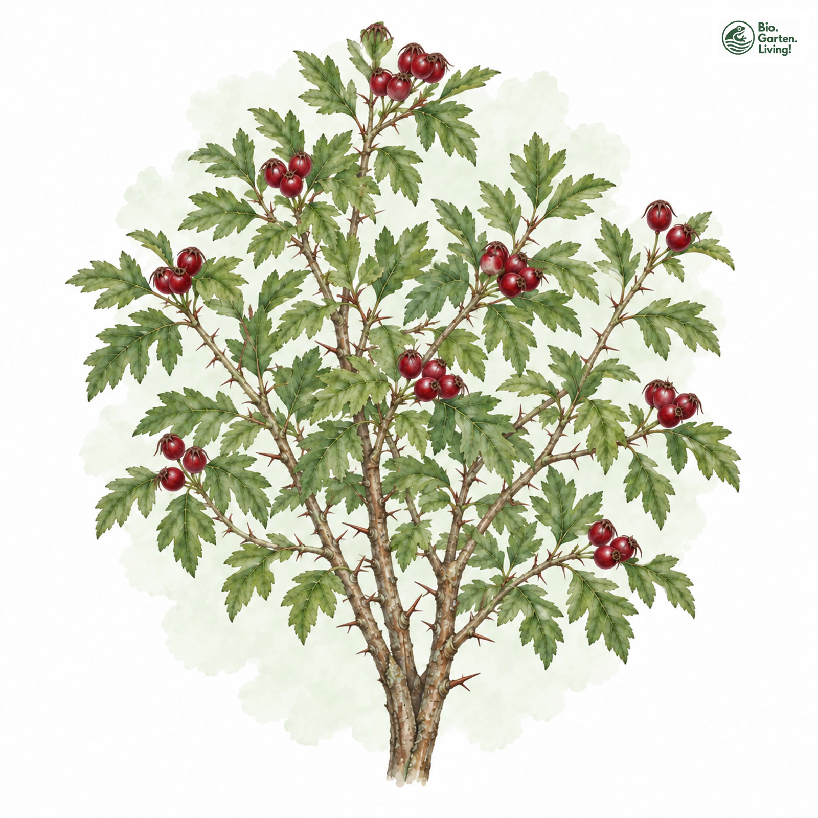Aquarellzeichnung: Krummkelchiger Großkelch-Weißdorn (Crataegus rhipidophylla (im engeren Sinne))