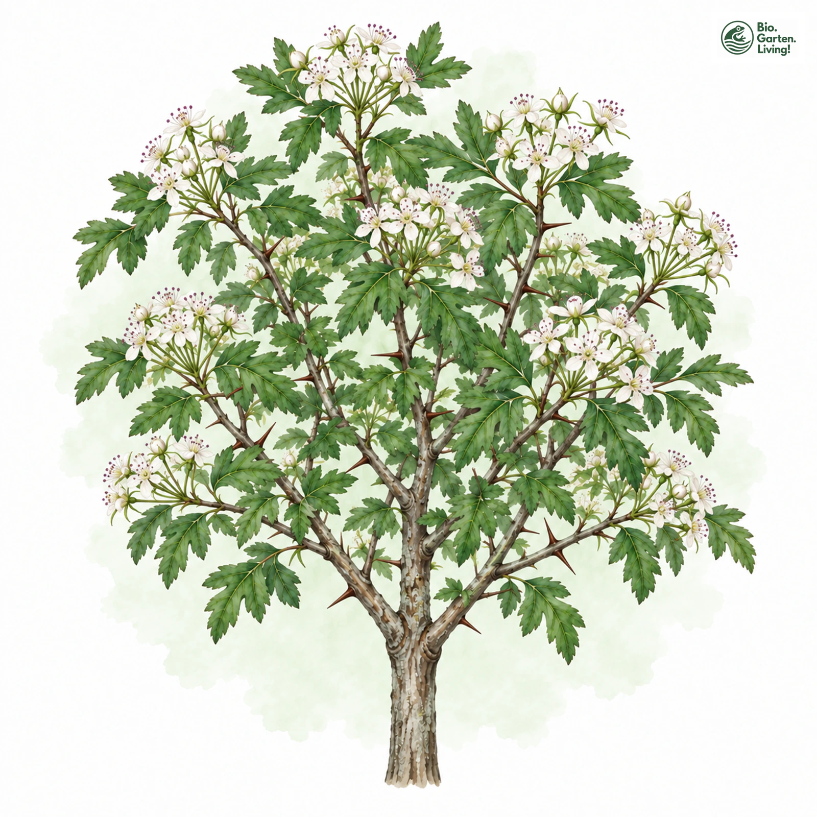 Aquarellzeichnung: Krummkelchiger Großkelch-Weißdorn (Crataegus rhipidophylla (im weiteren Sinne))