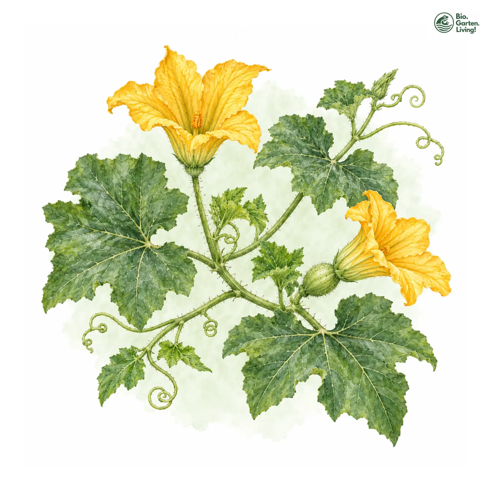 Aquarellzeichnung: Garten-Kürbis (Cucurbita pepo)