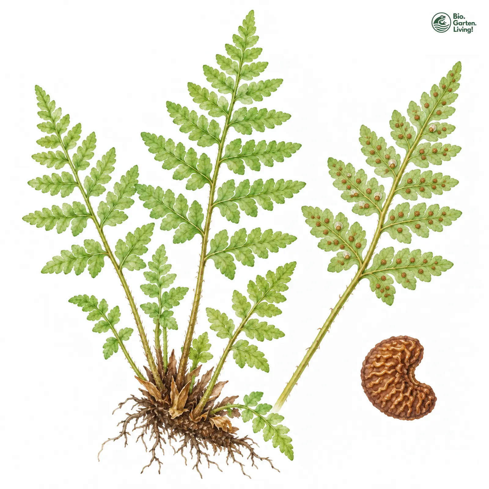 Aquarellzeichnung: Runzelsporiger Blasenfarn (Cystopteris dickieana)