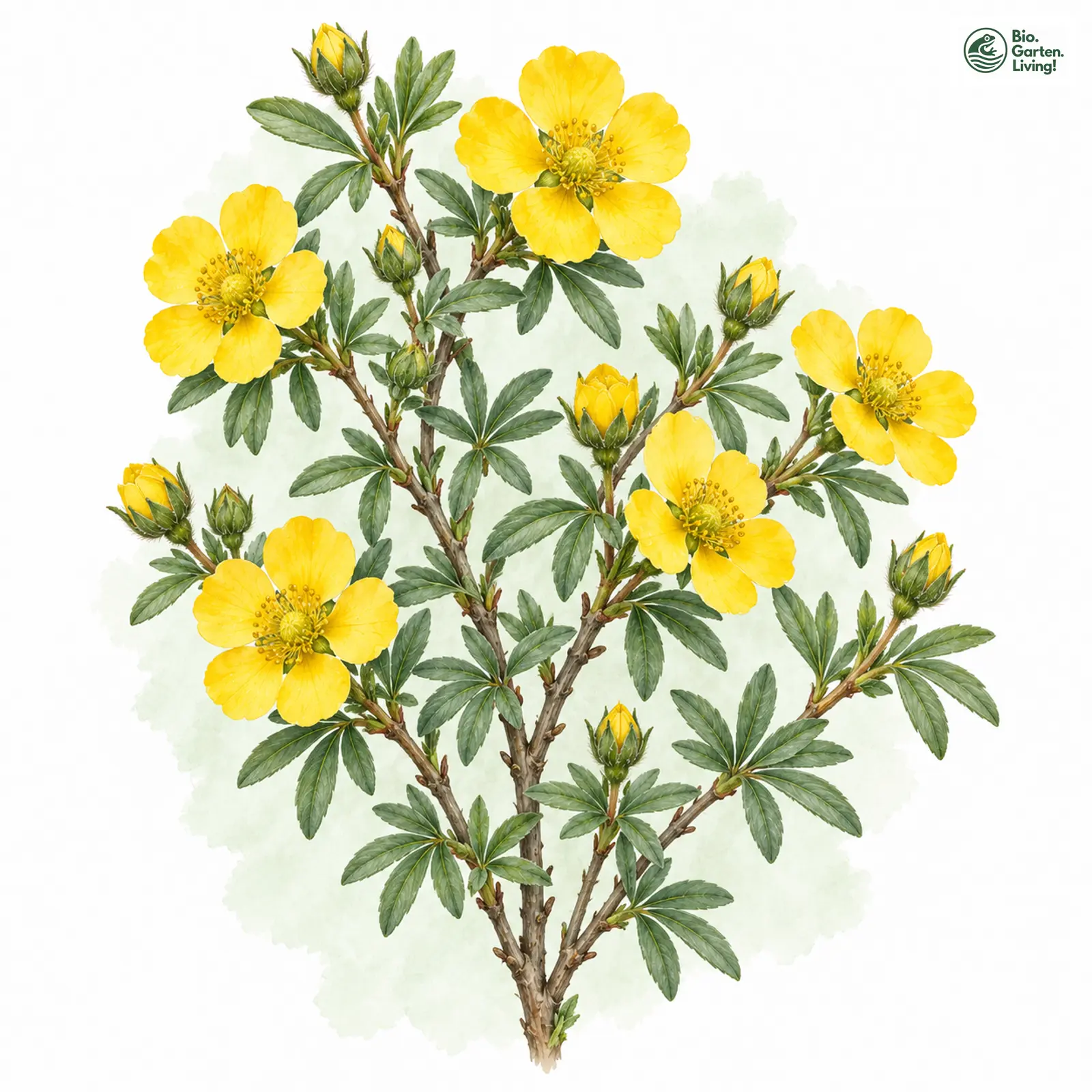 Aquarellzeichnung: Fingerstrauch (Dasiphora fruticosa)