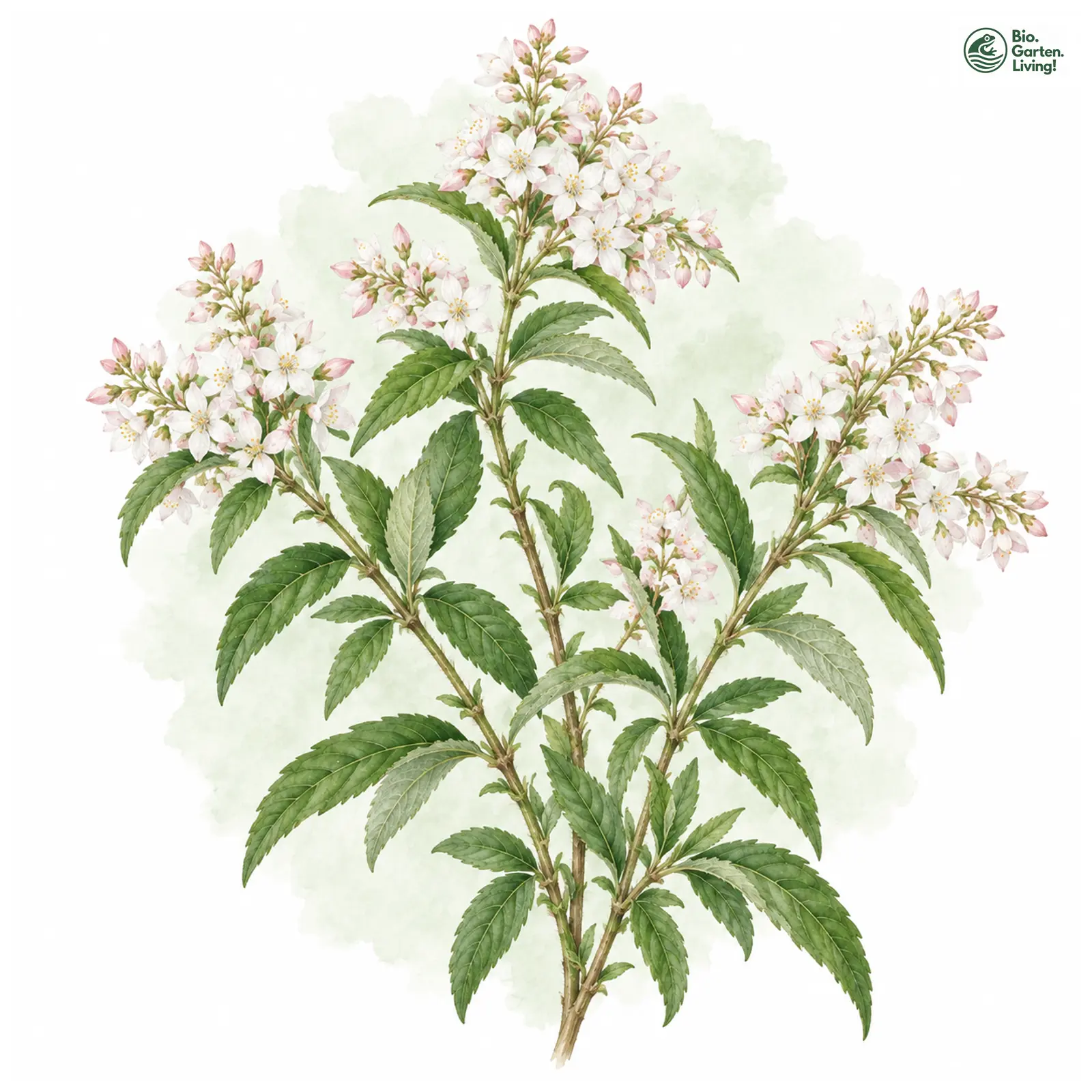 Aquarellzeichnung: Langblättrige Deutzie (Deutzia longifolia)