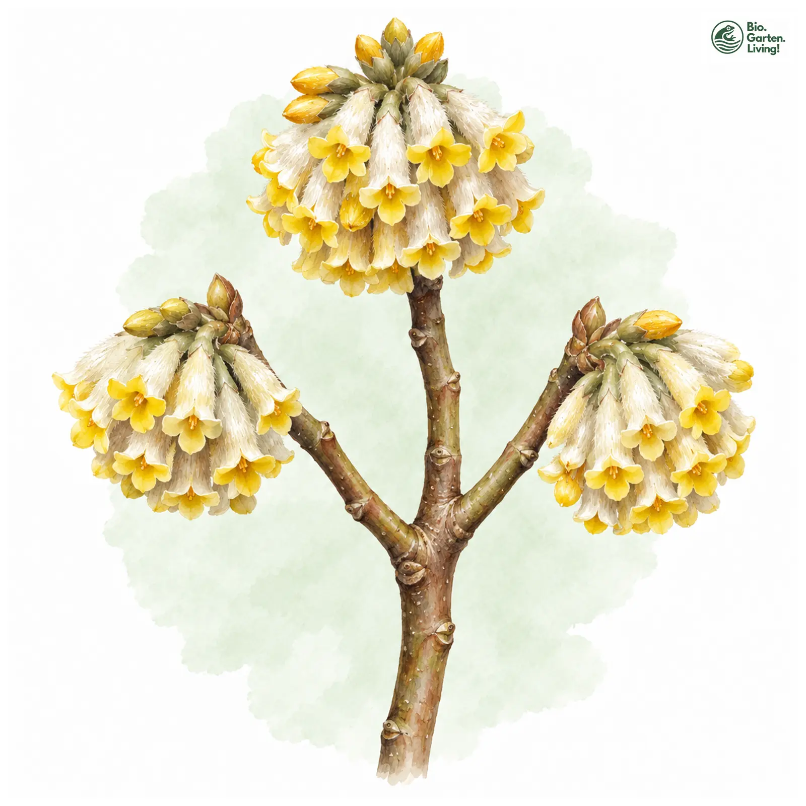 Aquarellzeichnung: Japanischer Papierbusch (Edgeworthia chrysantha)