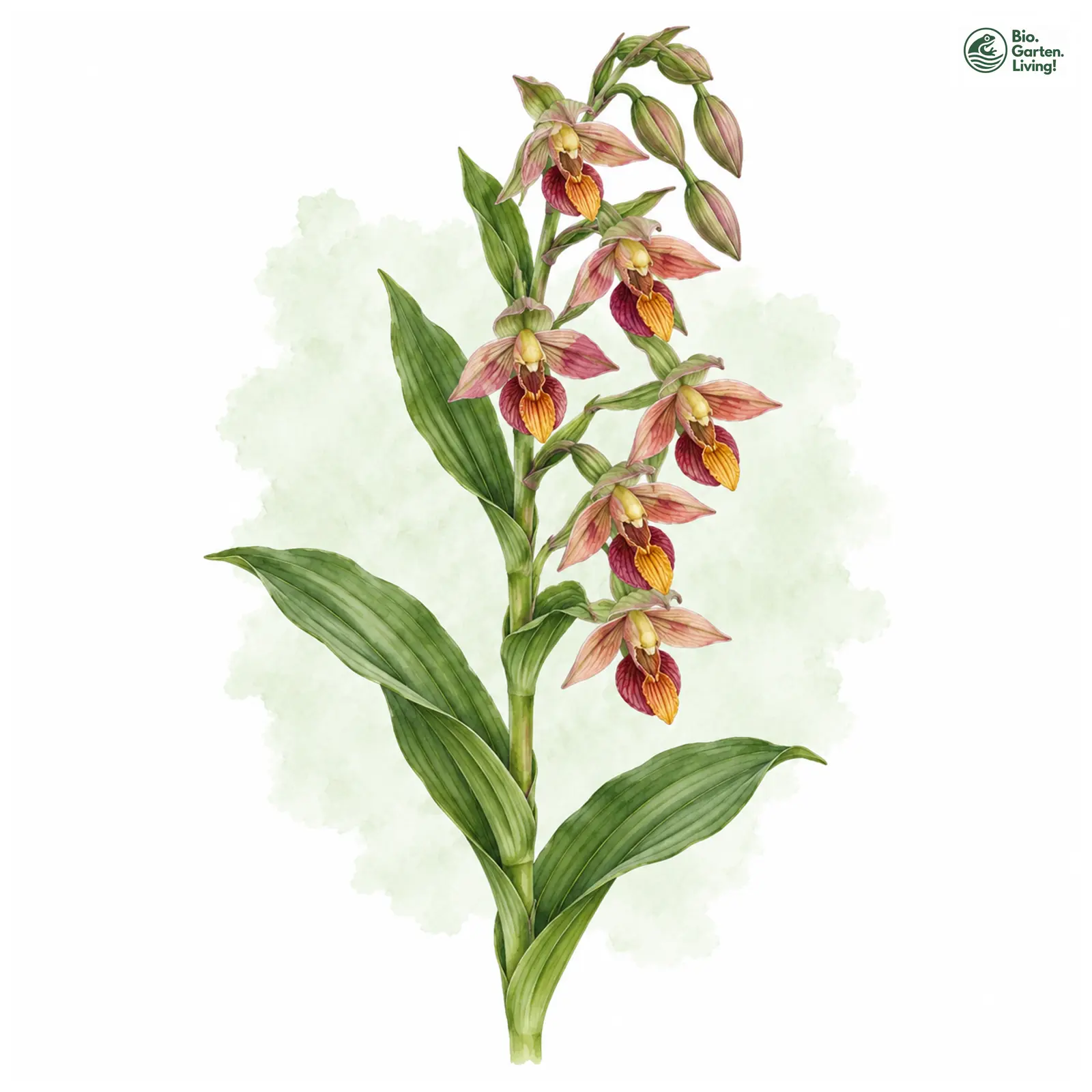 Aquarellzeichnung: Amerikanische Ständelwurz (Epipactis gigantea)