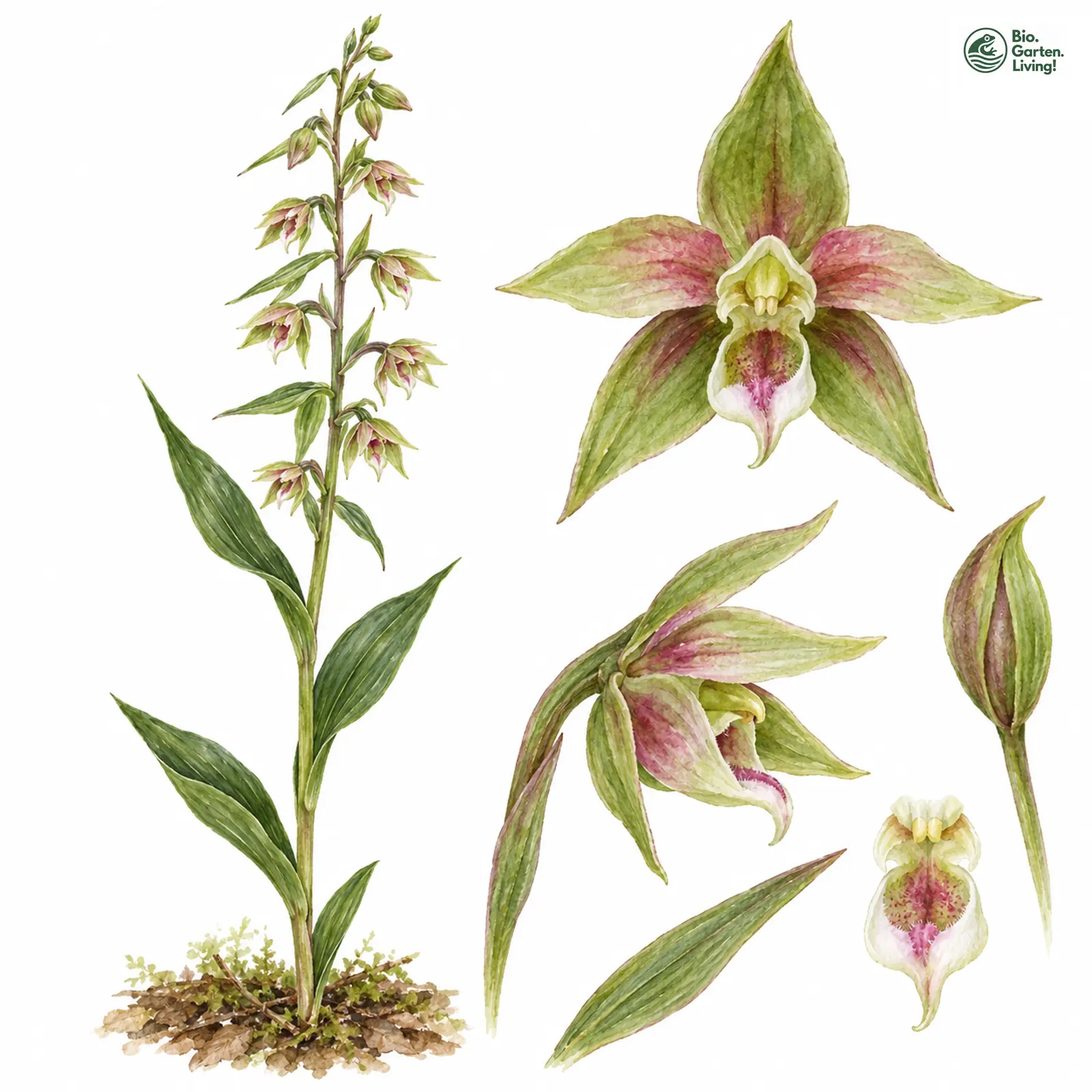 Aquarellzeichnung: Übersehene Ständelwurz (Epipactis neglecta)