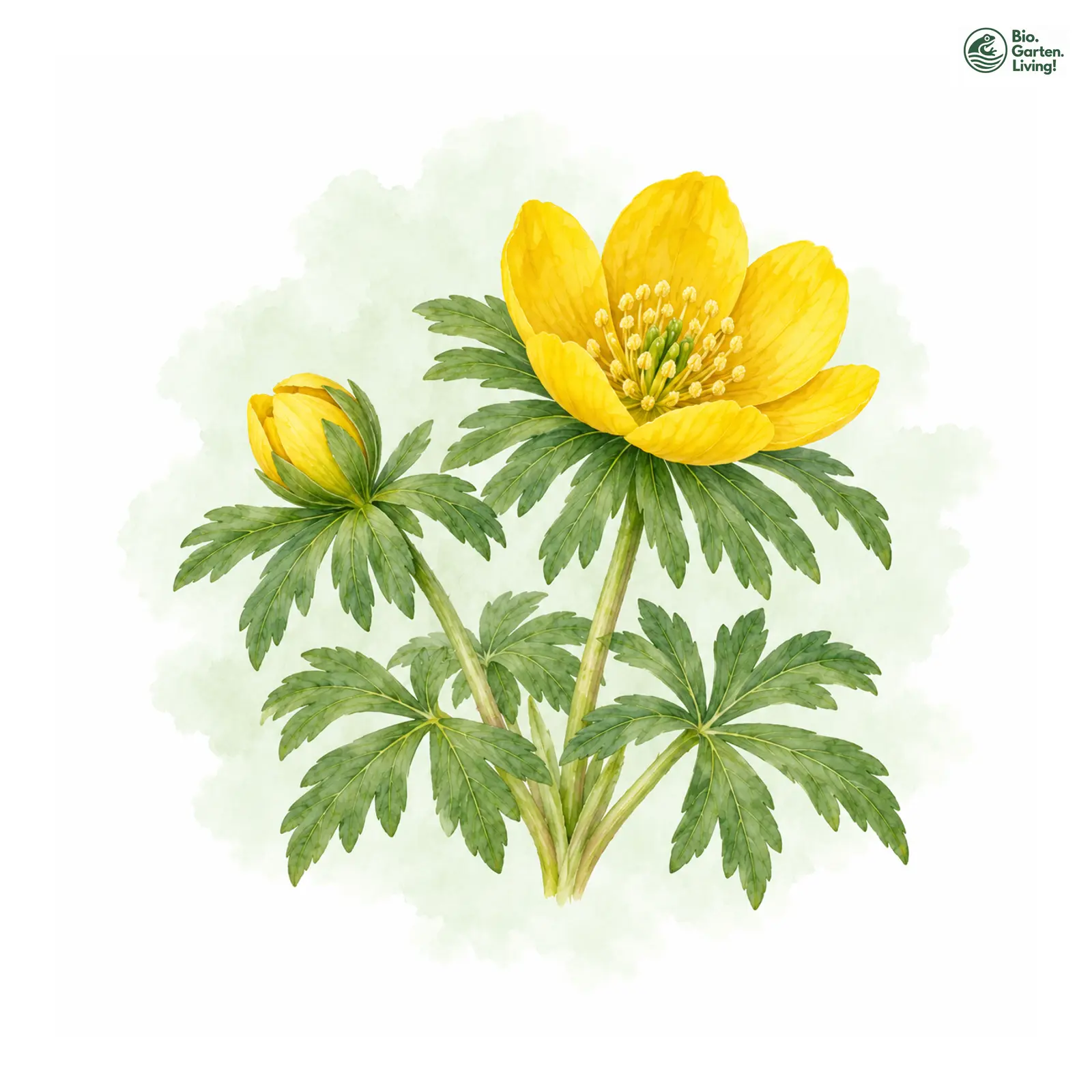 Aquarellzeichnung: Winterling (Eranthis hyemalis)