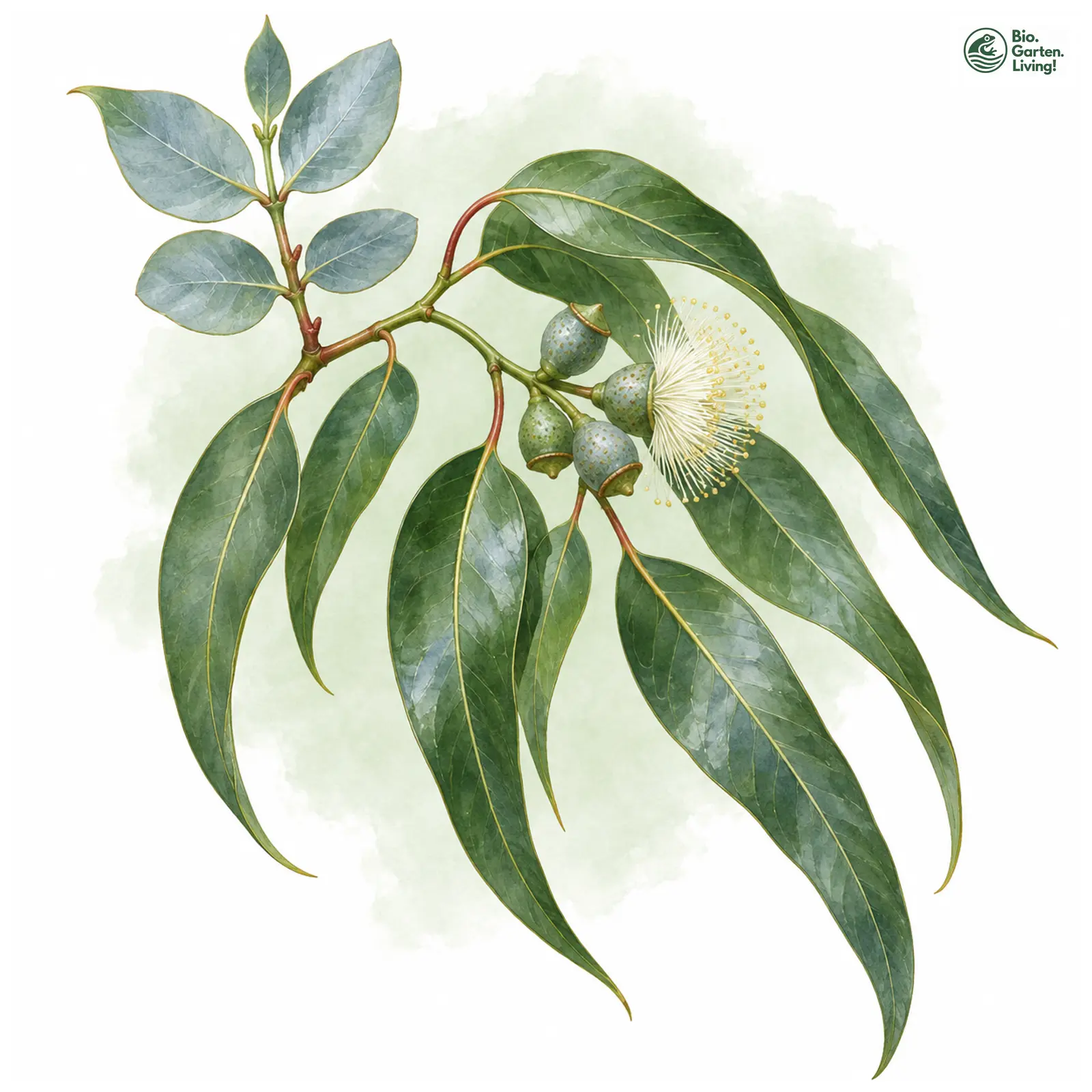 Aquarellzeichnung: Gewöhnlicher Eukalyptus (Eucalyptus globulus)