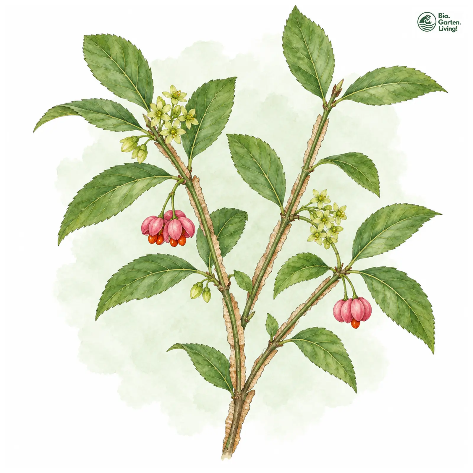 Aquarellzeichnung: Hoher Korkflügelstrauch (Euonymus phellomanus)