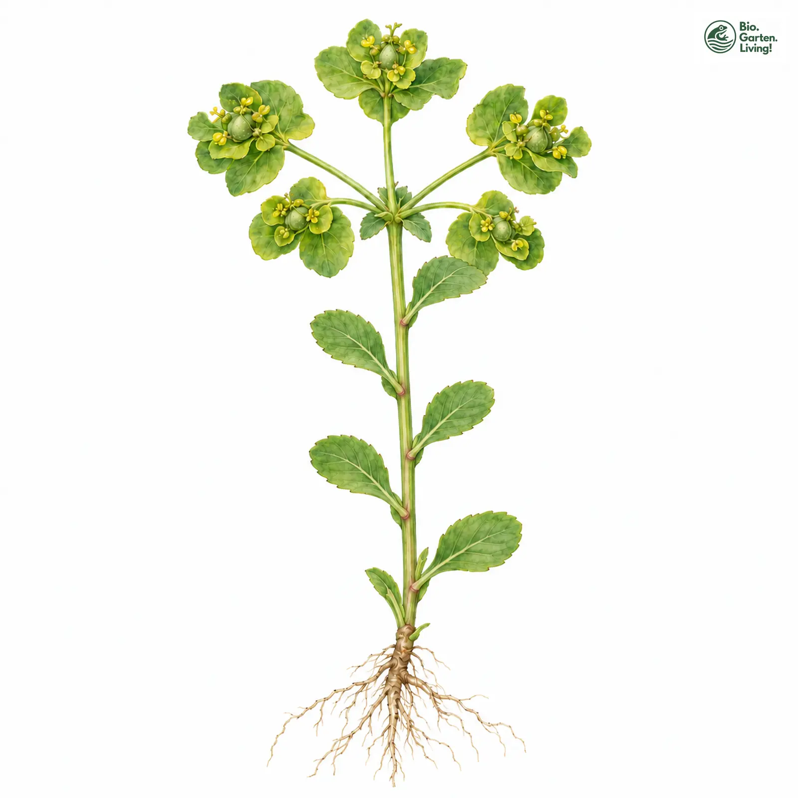 Aquarellzeichnung: Sonnenwend-Wolfsmilch (Euphorbia helioscopia)