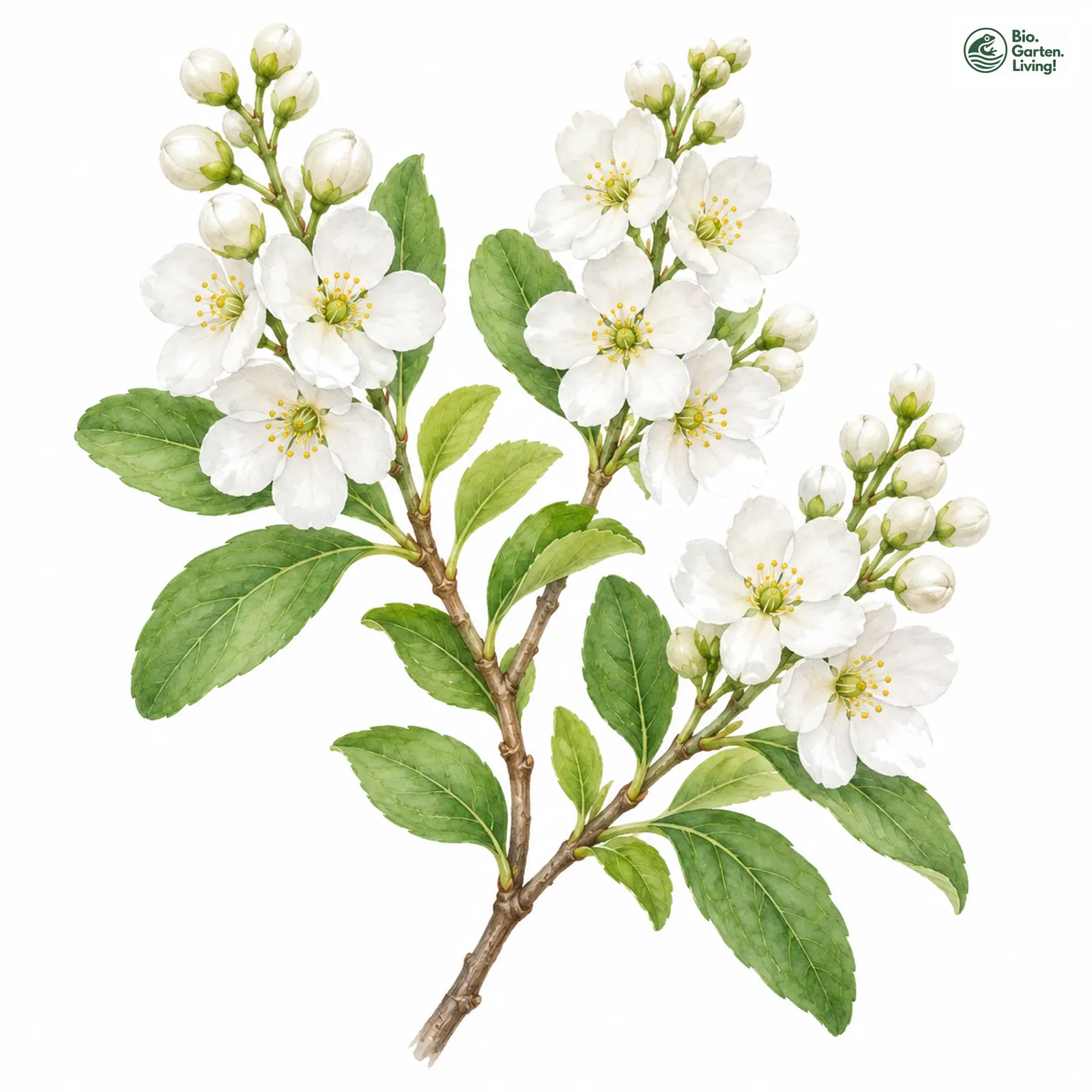 Aquarellzeichnung: Dahurische Radspiere (Exochorda racemosa)