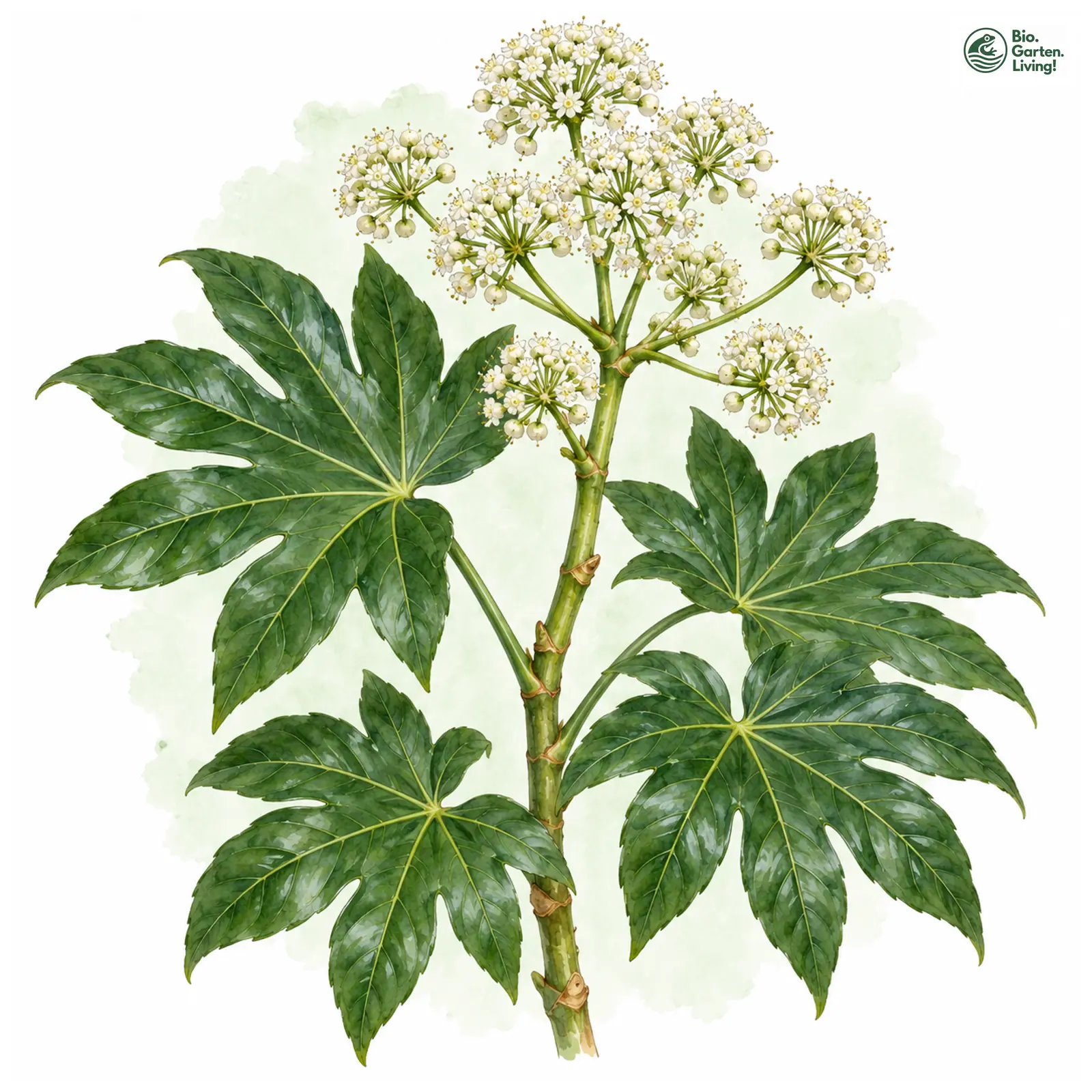 Aquarellzeichnung: Zimmeraralie (Fatsia japonica)