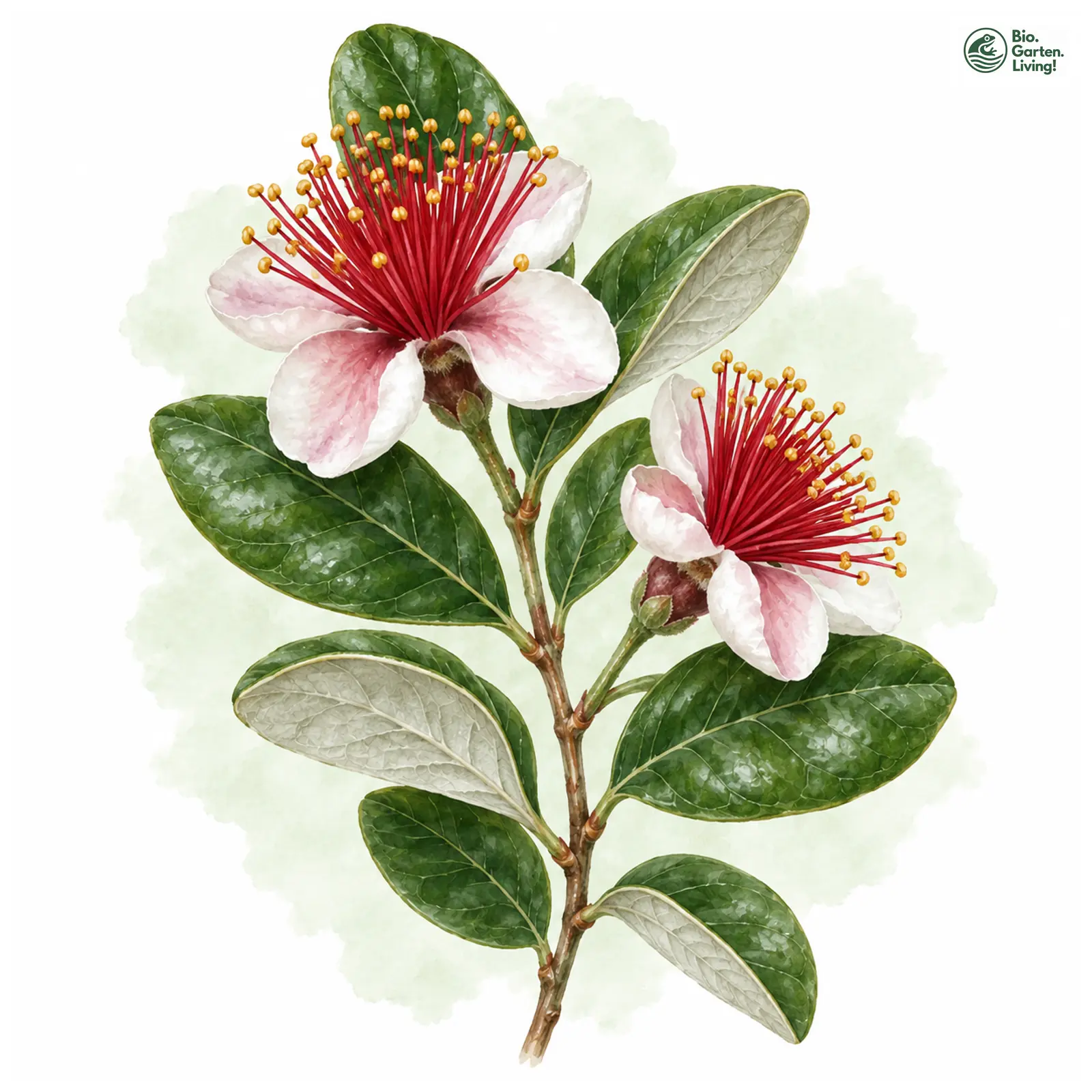 Aquarellzeichnung: Brasilianische Guave (Feijoa sellowiana)
