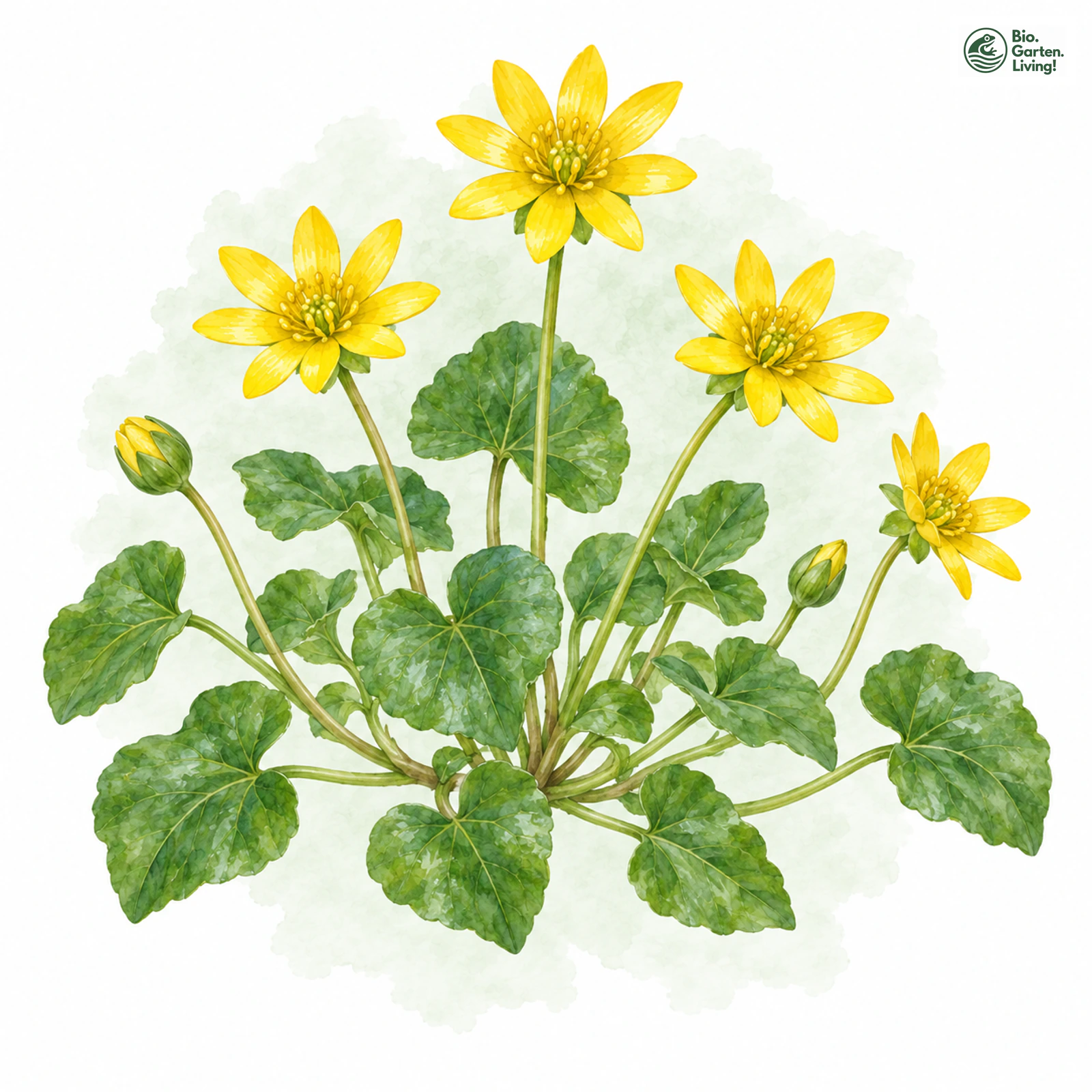 Aquarellzeichnung: Knöllchen-Scharbockskraut (Ficaria verna (im engeren Sinne))
