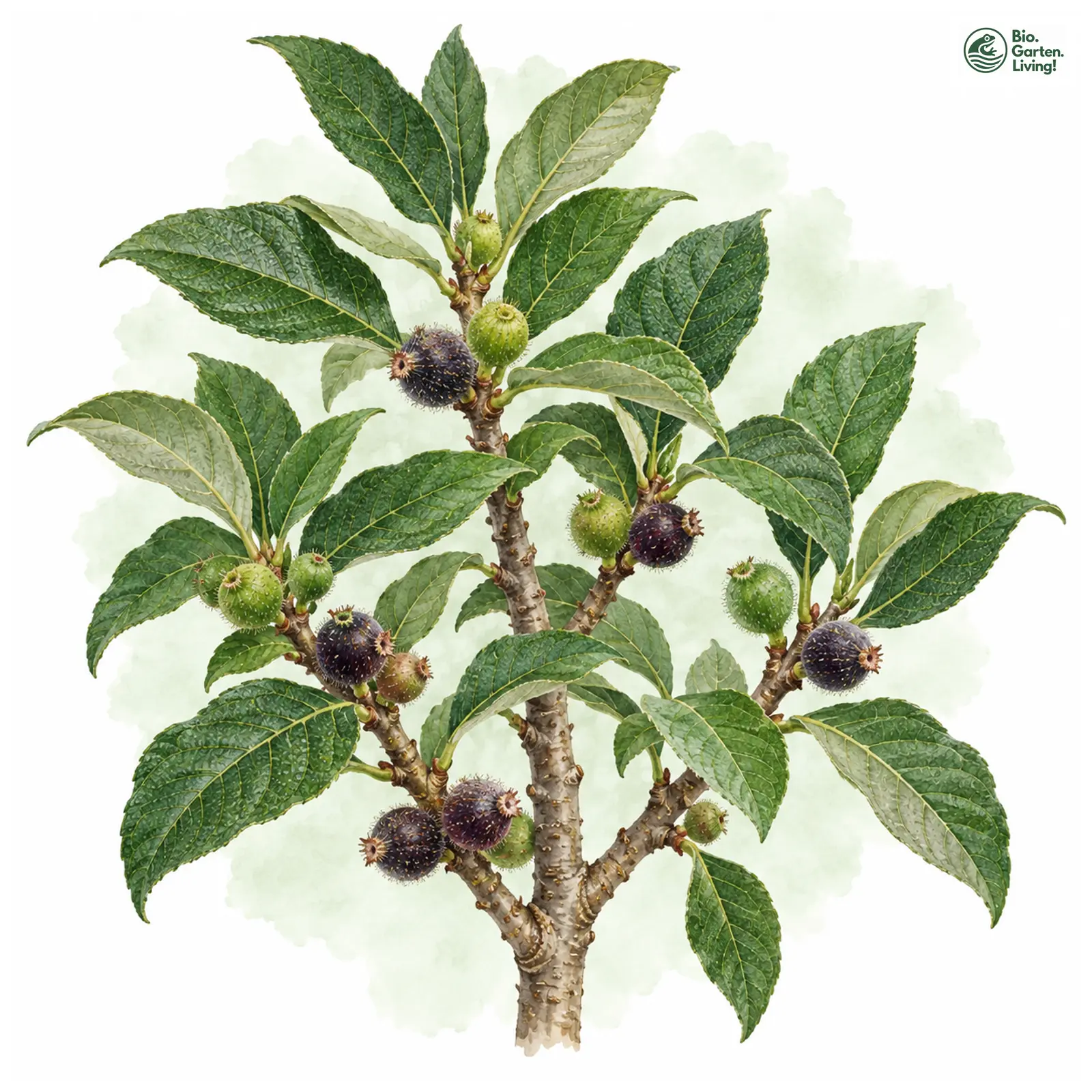 Aquarellzeichnung: Sandpapierfeige (Ficus coronata)