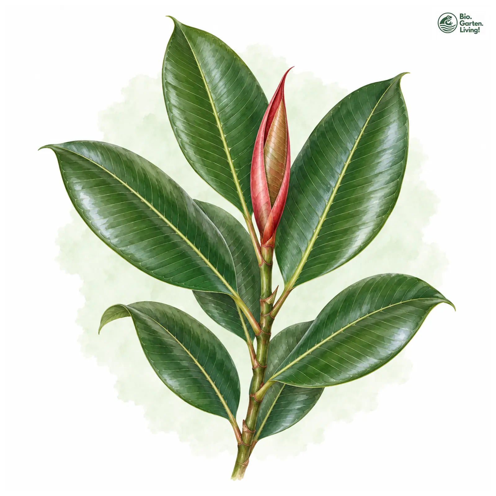 Aquarellzeichnung: Gummibaum (Ficus elastica)