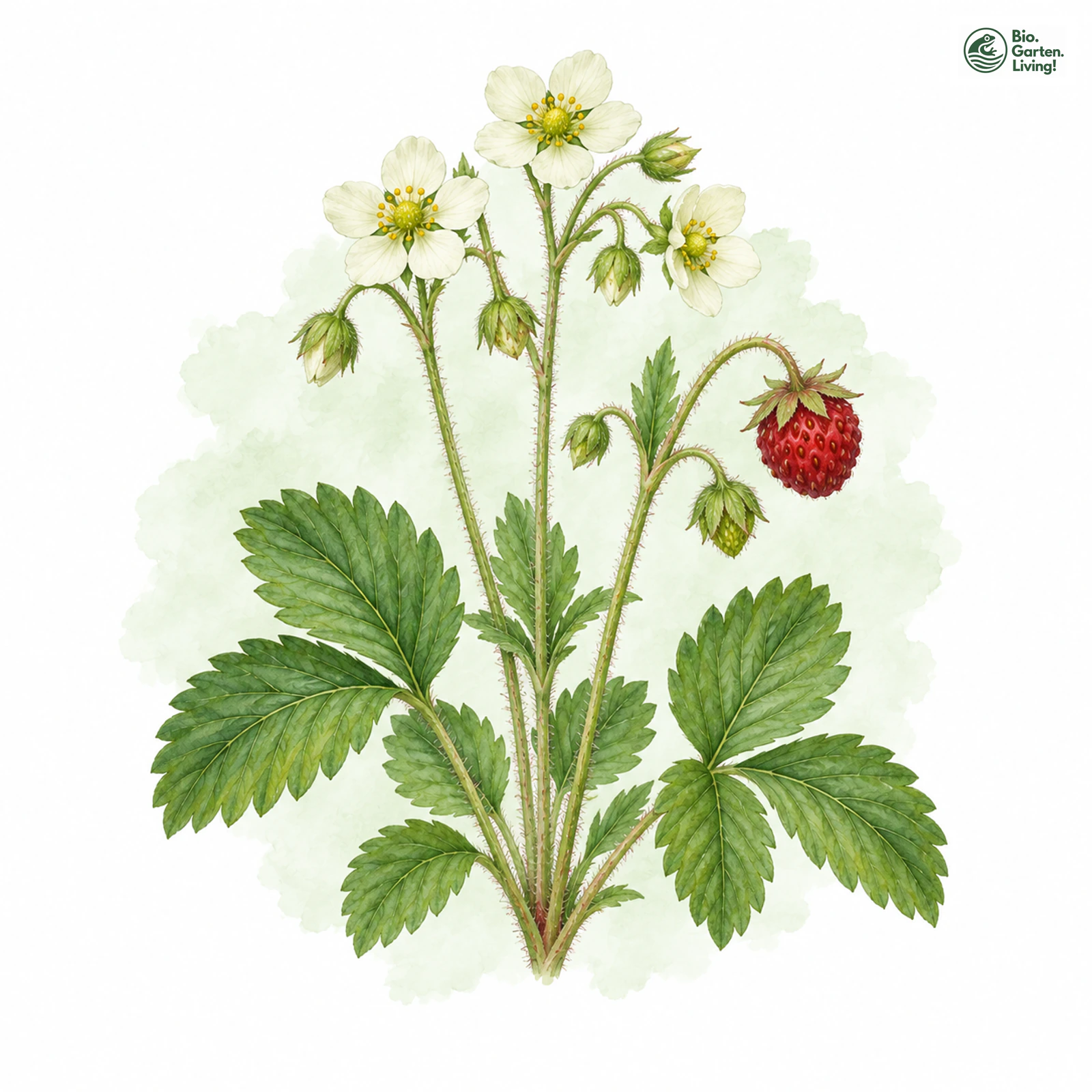 Aquarellzeichnung: Knack-Erdbeere (Fragaria viridis)