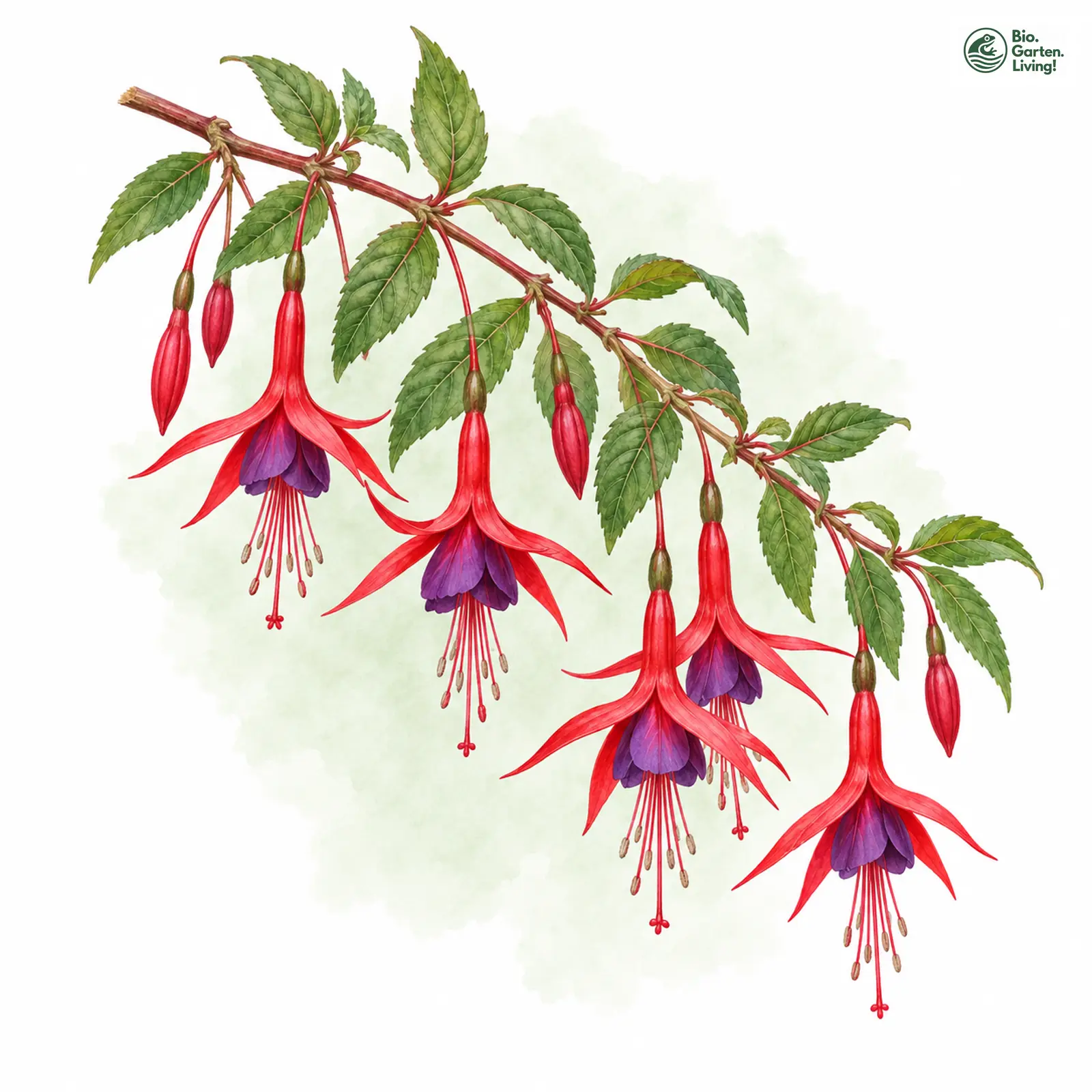 Aquarellzeichnung: Scharlach-Fuchsie (Fuchsia magellanica)