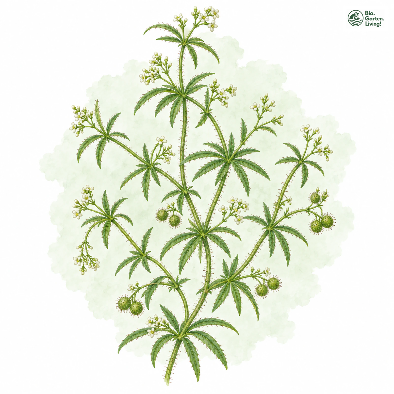 Aquarellzeichnung: Kletten-Labkraut (Galium aparine)