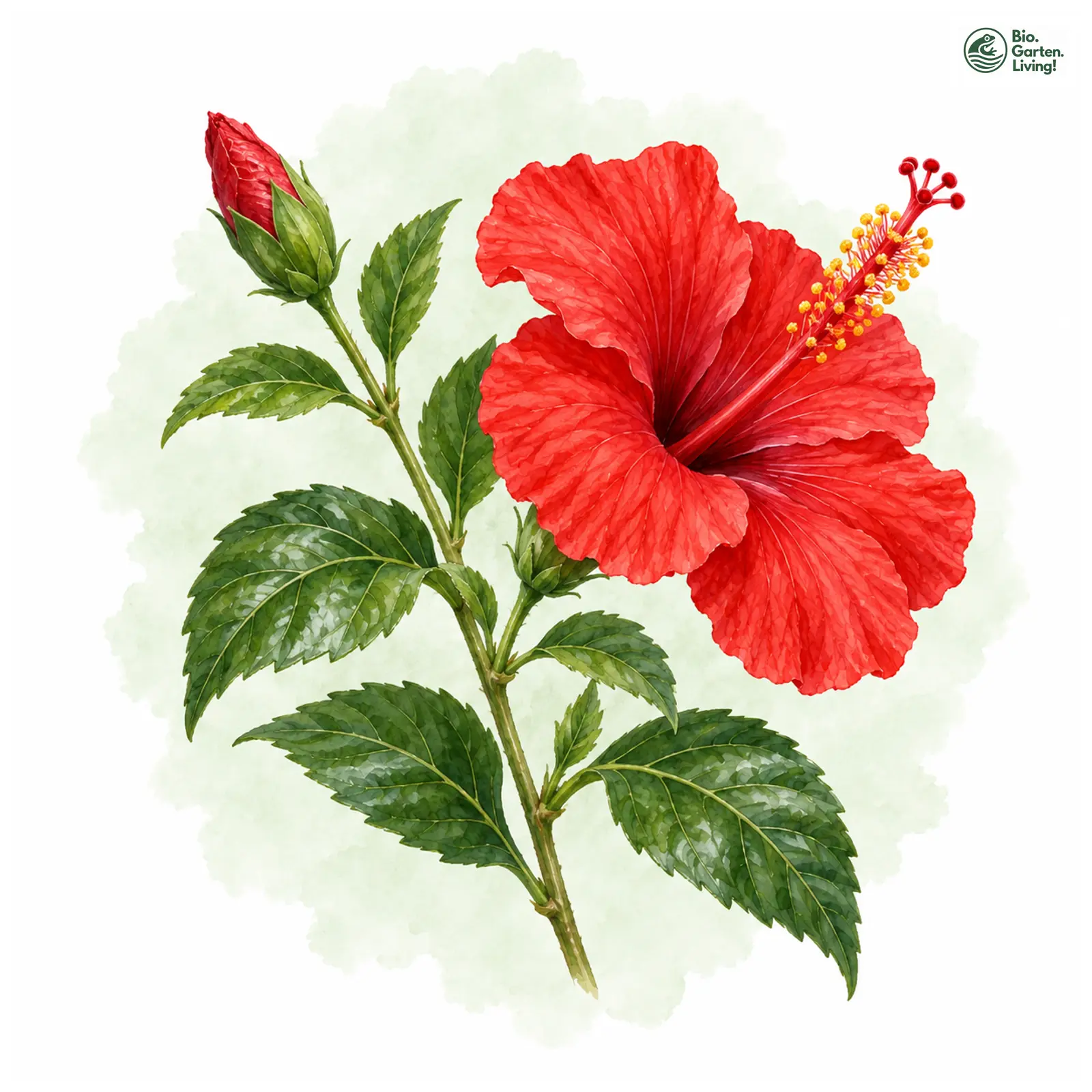 Aquarellzeichnung: Chinesischer Rosen-Eibisch (Hibiscus rosa-sinensis)