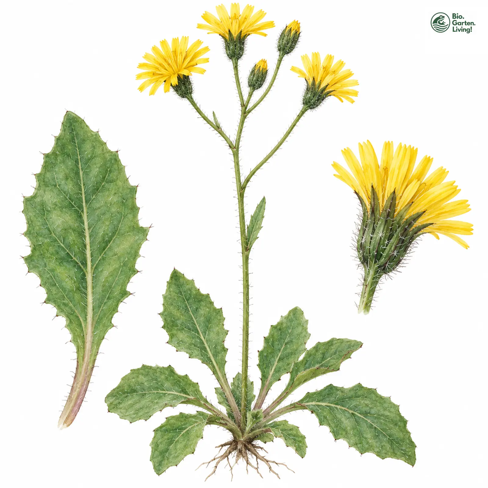 Aquarellzeichnung: Gabel-Habichtskraut (Hieracium bifidum)