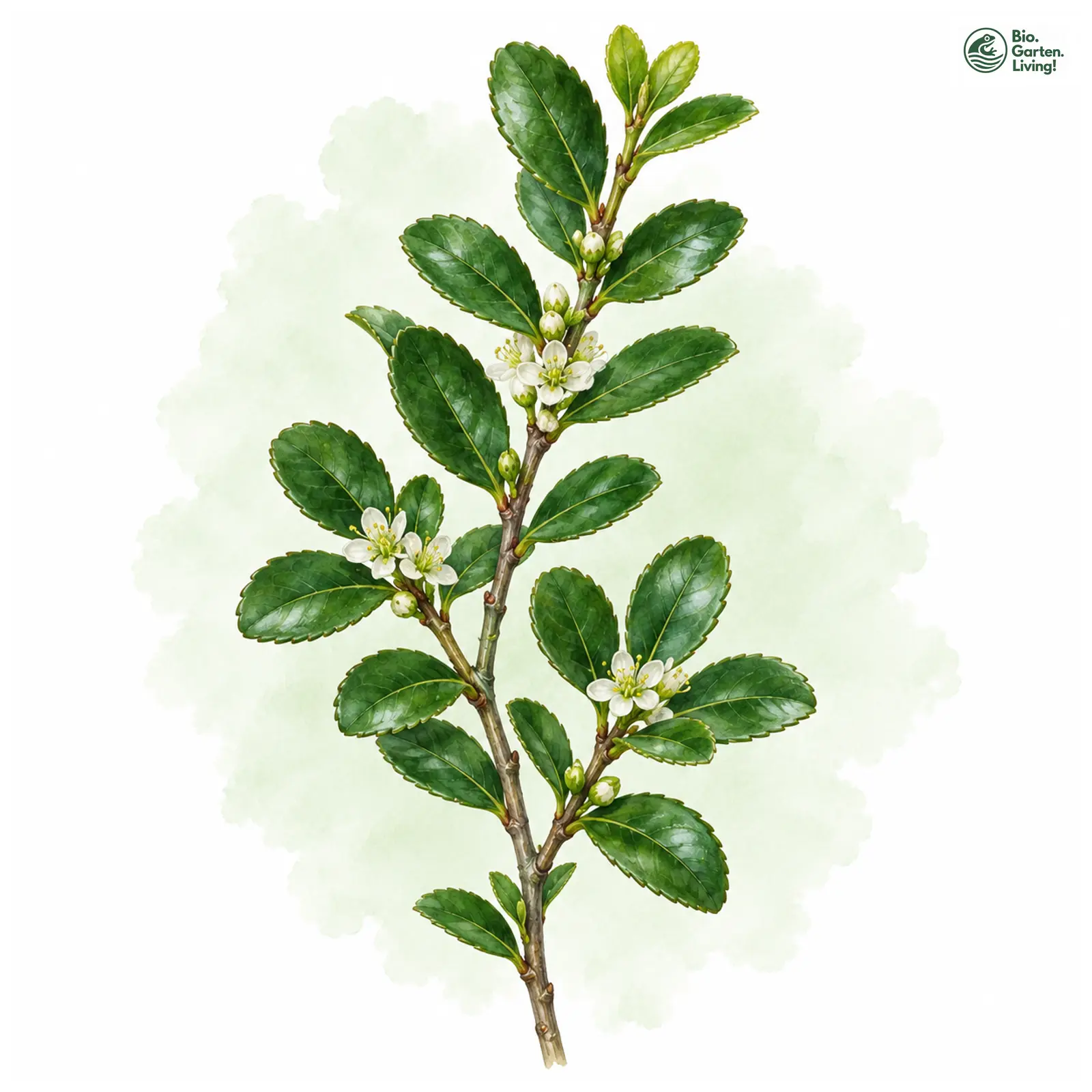 Aquarellzeichnung: Japanische Stechpalme (Ilex crenata)