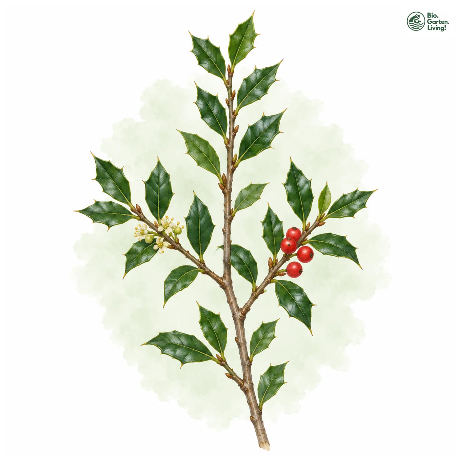 Aquarellzeichnung: Rautenblättrige Stechpalme (Ilex pernyi)