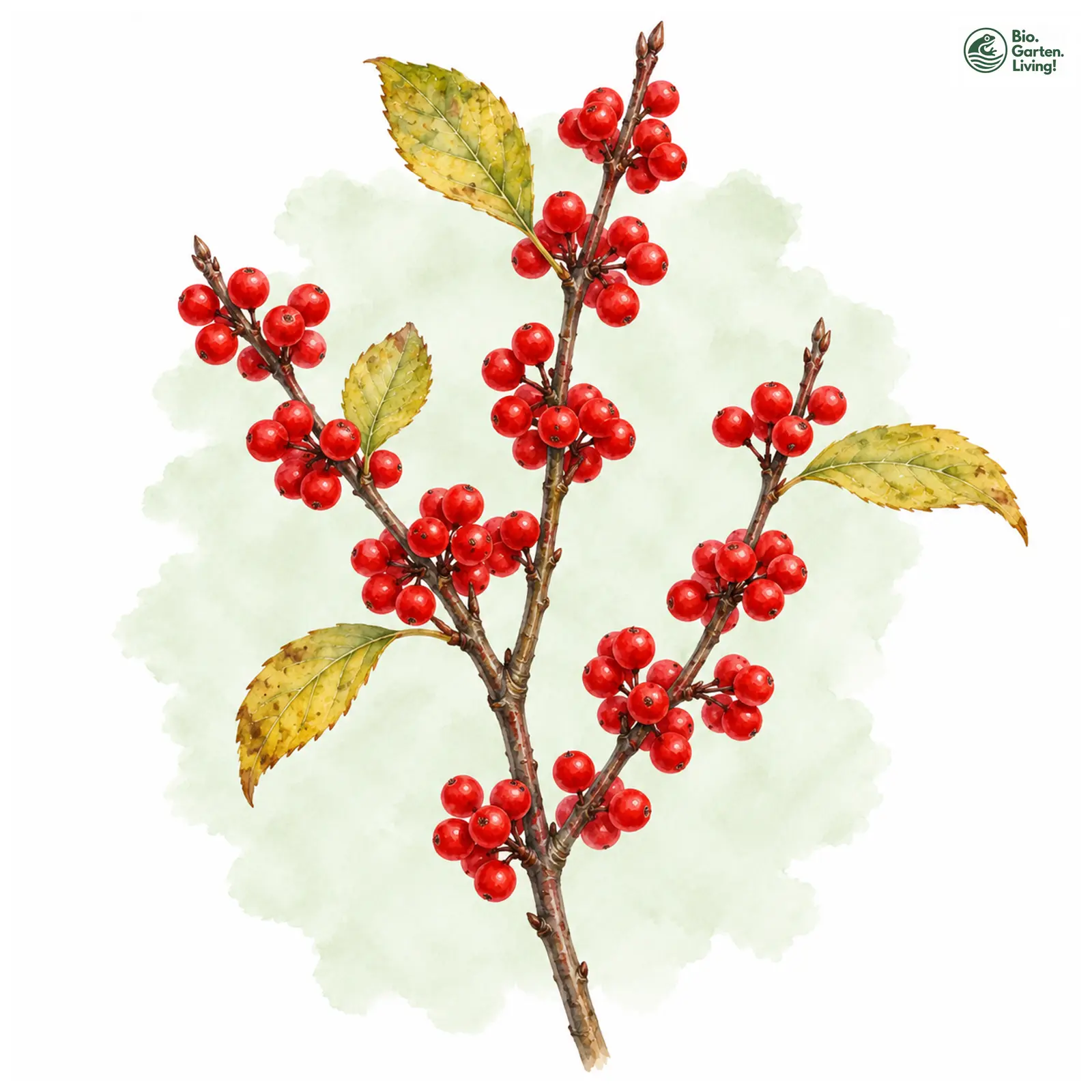Aquarellzeichnung: Amerikanische Winterbeere (Ilex verticillata)