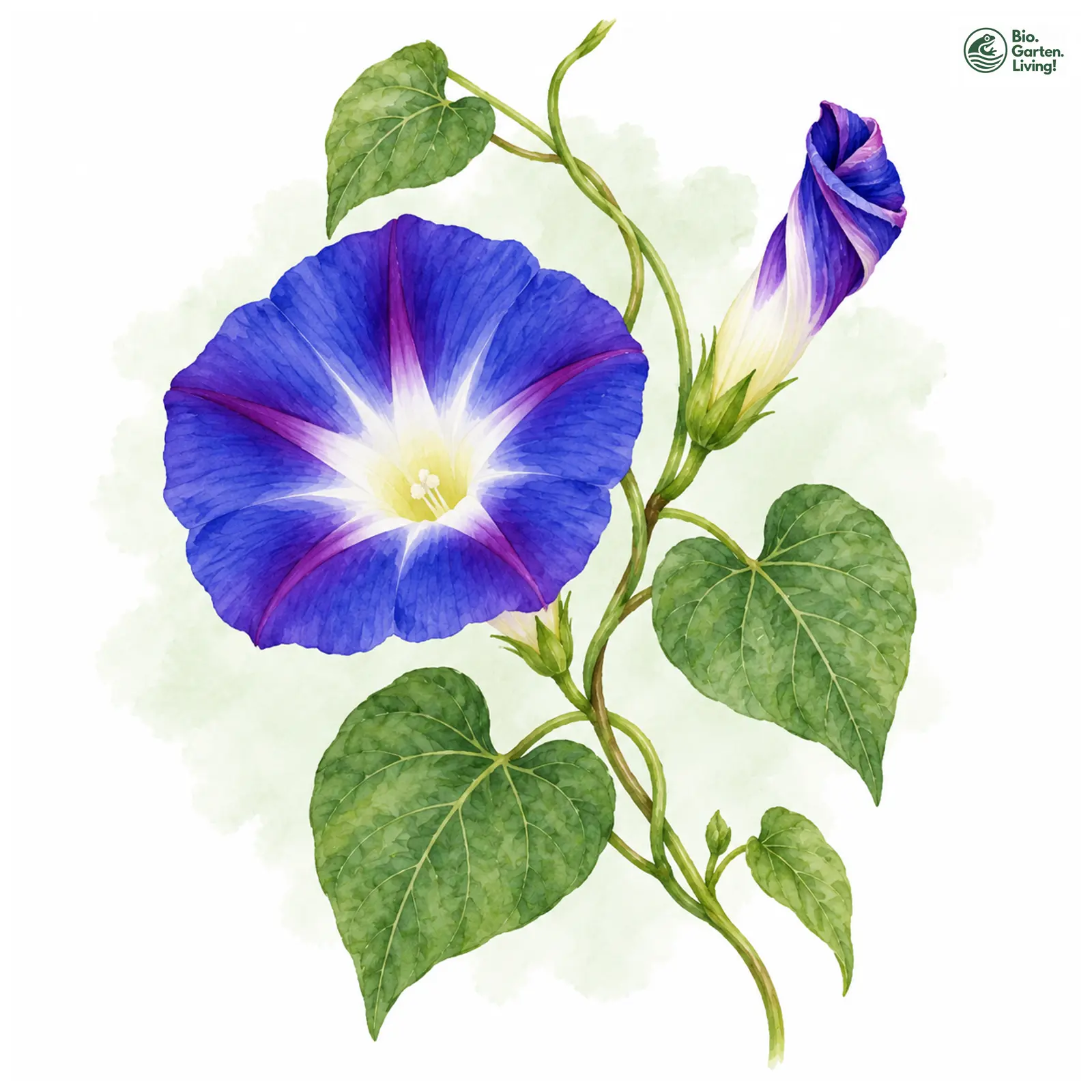Aquarellzeichnung: Himmelblaue Prunkwinde (Ipomoea tricolor)