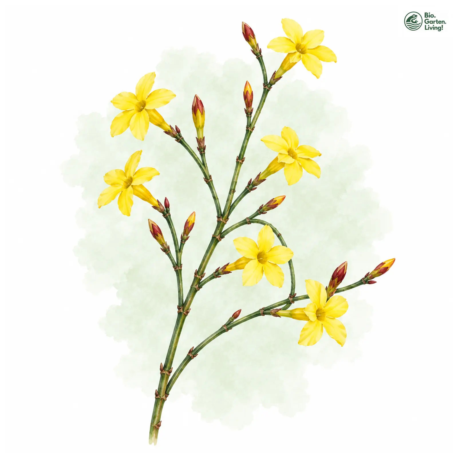 Aquarellzeichnung: Winter-Jasmin (Jasminum nudiflorum)