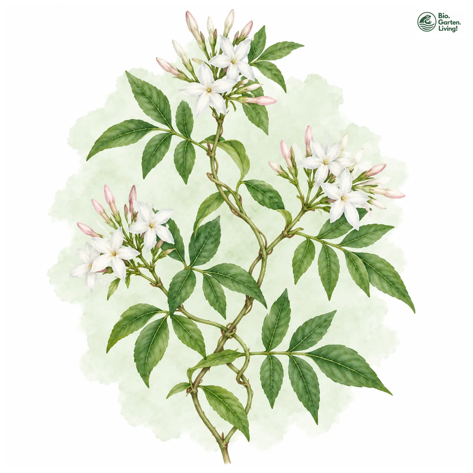 Aquarellzeichnung: Echter Jasmin (Jasminum officinale)