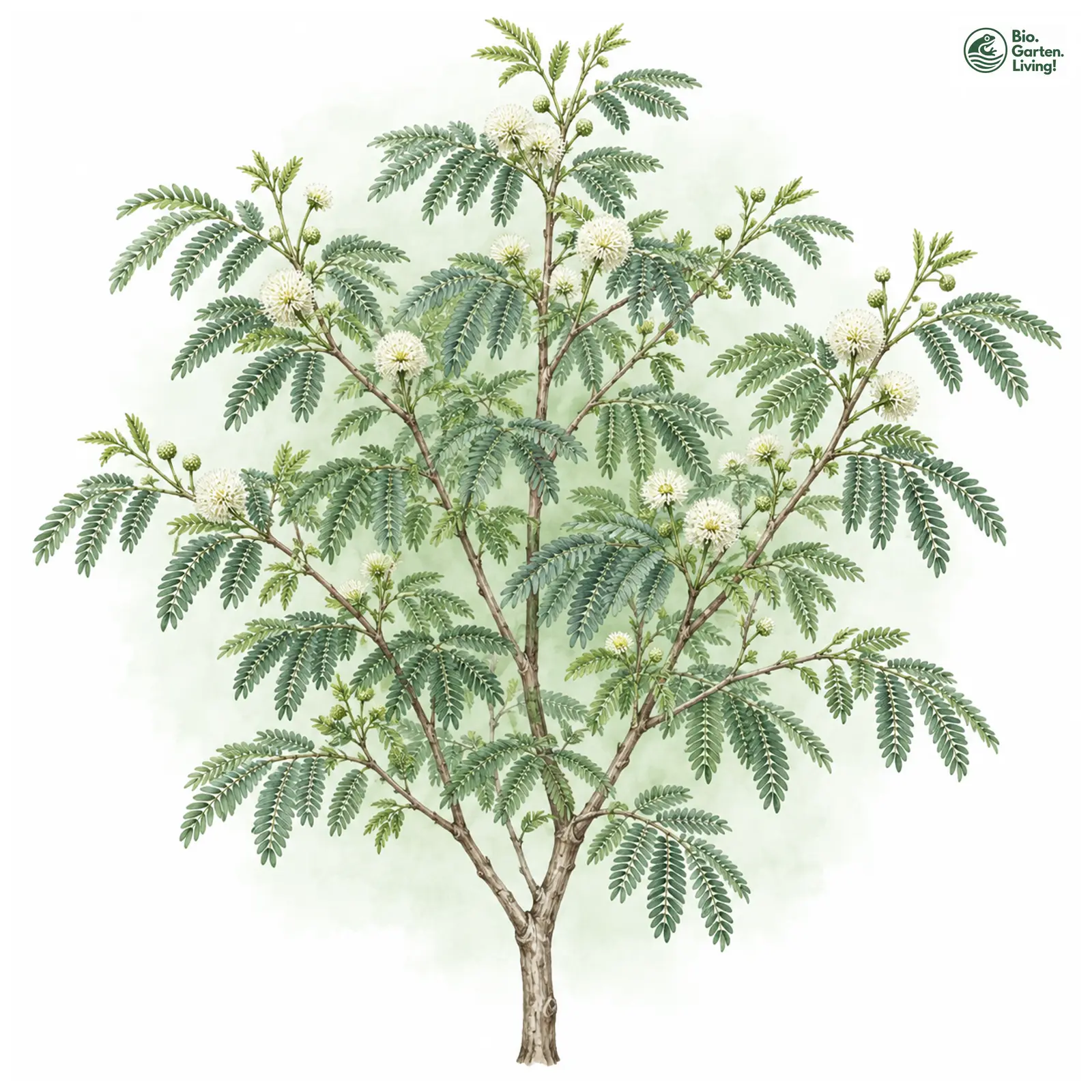 Aquarellzeichnung: Weißkopfmimose (Leucaena leucocephala)