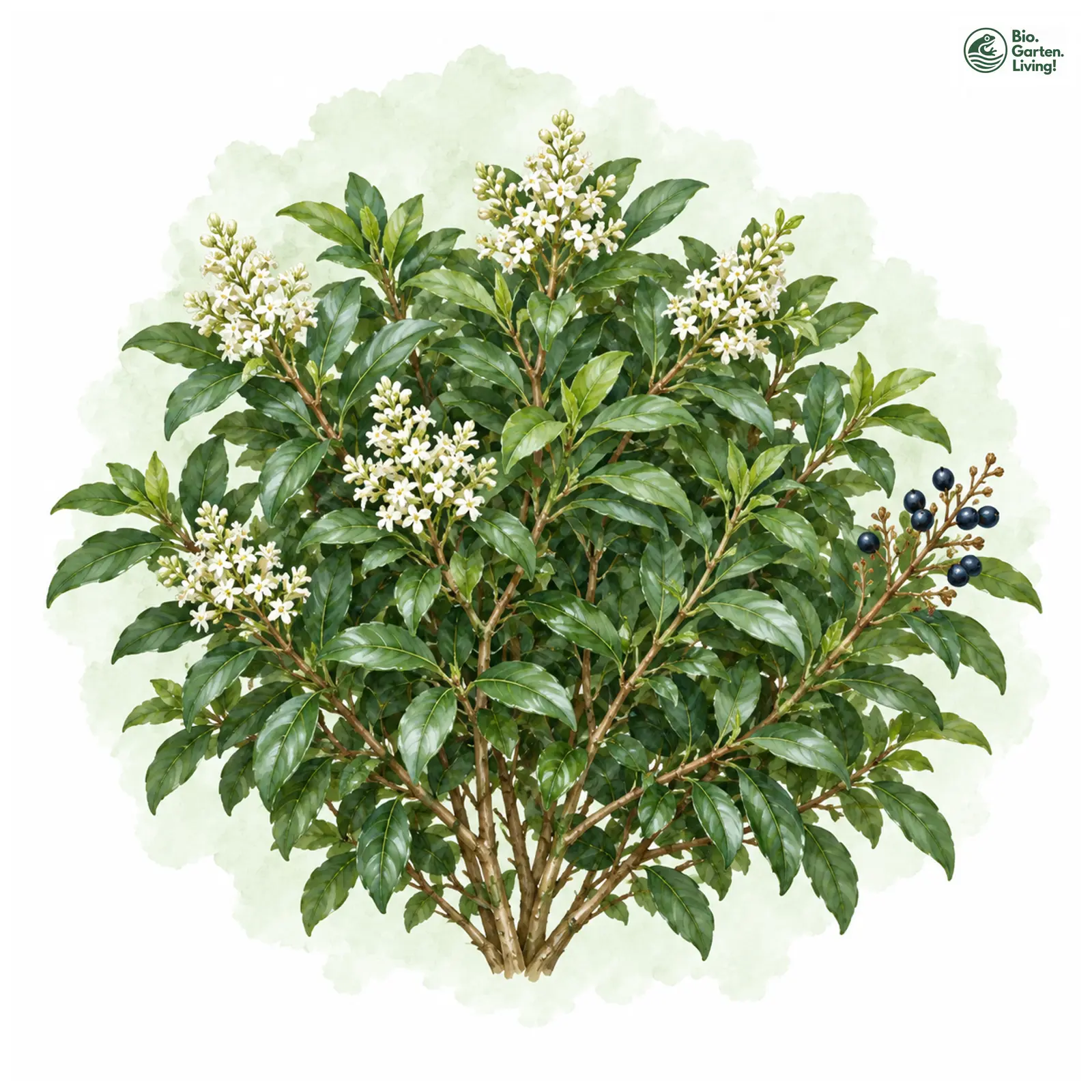 Aquarellzeichnung: Kugel-Liguster (Ligustrum delavayanum)